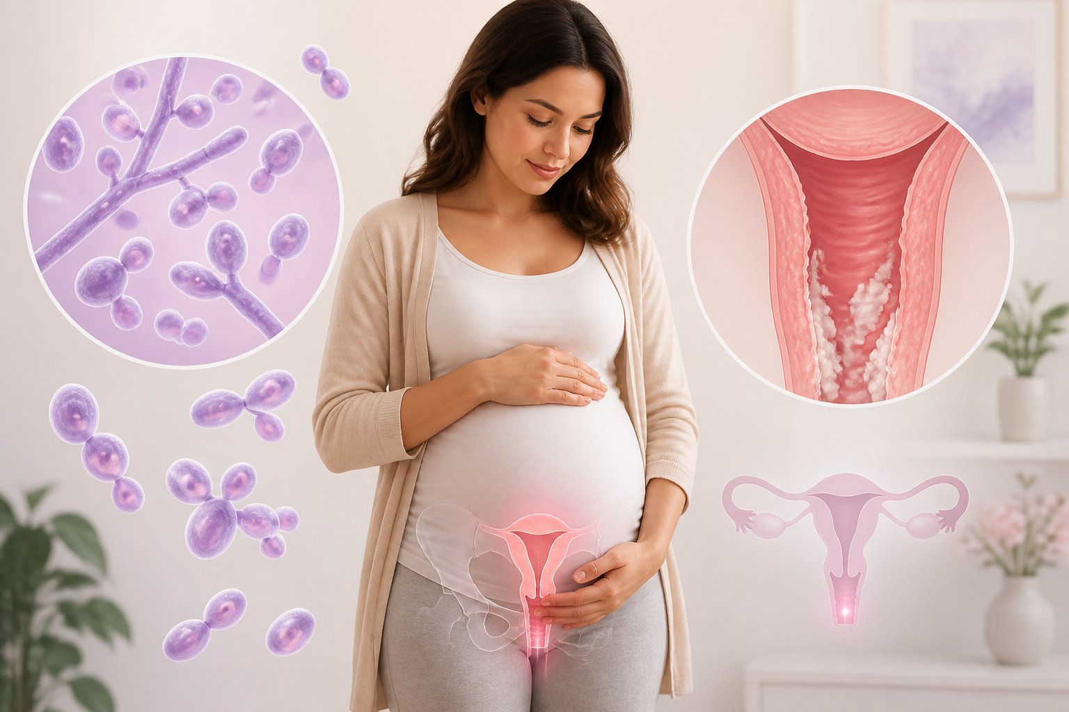 Mulher grávida segurando a barriga, com destaque para a região vaginal e ilustrações de fungos Candida ao redor.