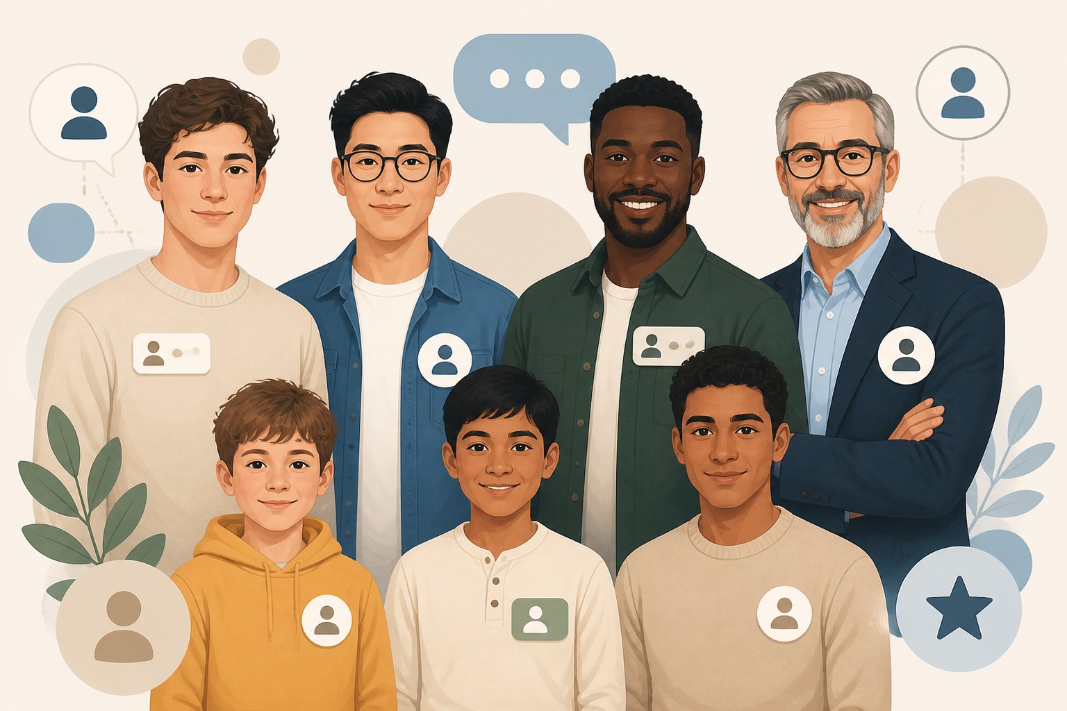 Ilustração mostrando um grupo diversificado de homens com diferentes idades e etnias, representando nomes curtos masculinos, em um fundo simples e neutro.