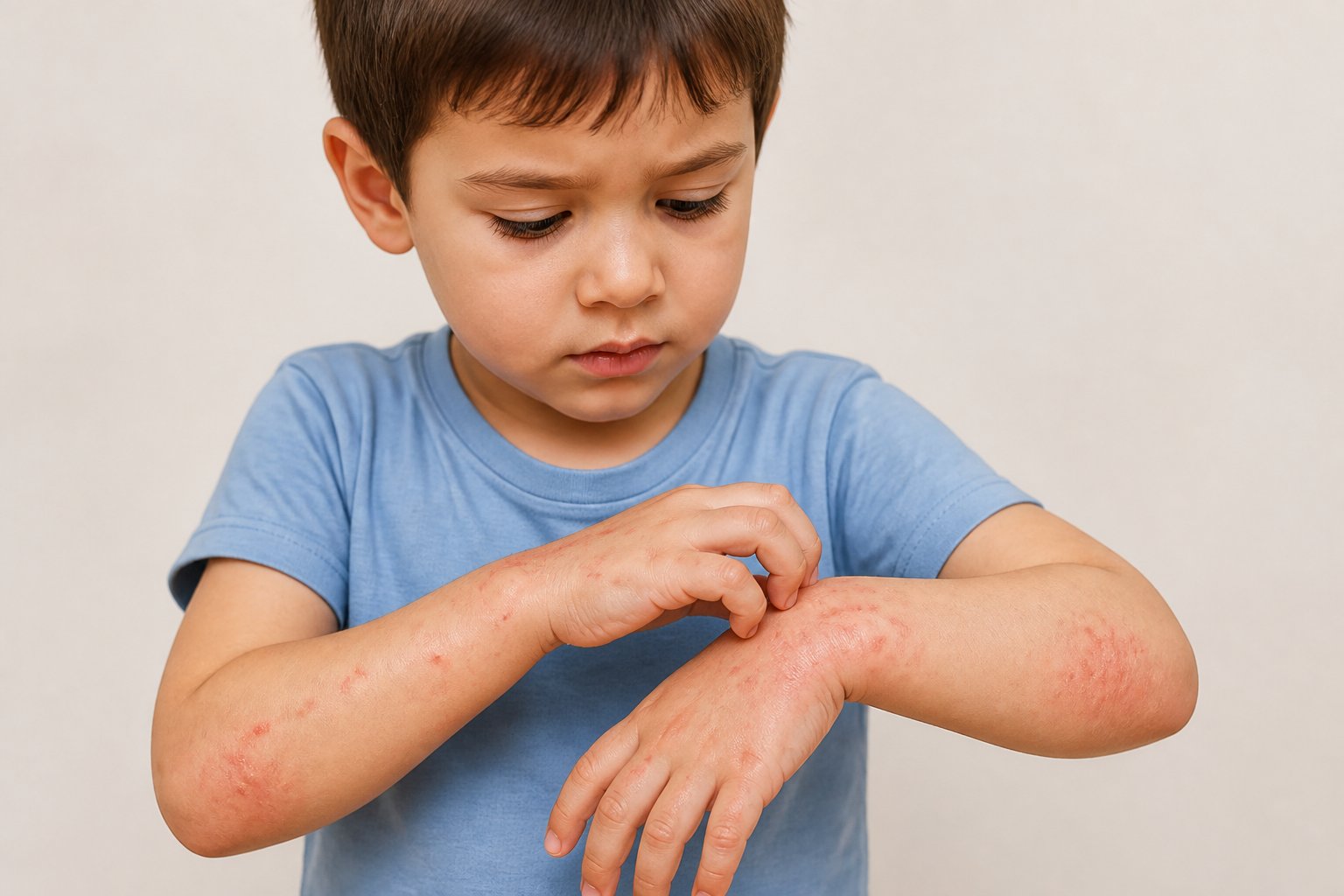 Criança pequena com manchas vermelhas e pequenas lesões na pele, especialmente nas mãos e braços, mostrando sintomas de sarna.