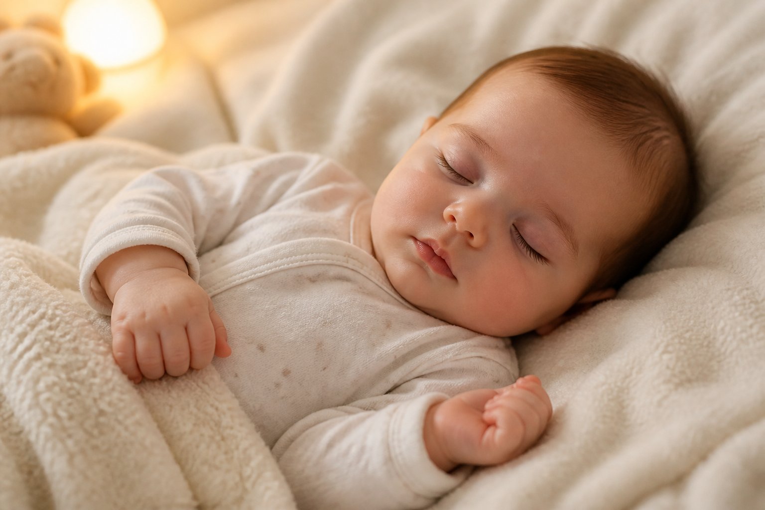 Bebê dormindo com respiração ofegante, deitado em um cobertor macio e ambiente tranquilo.