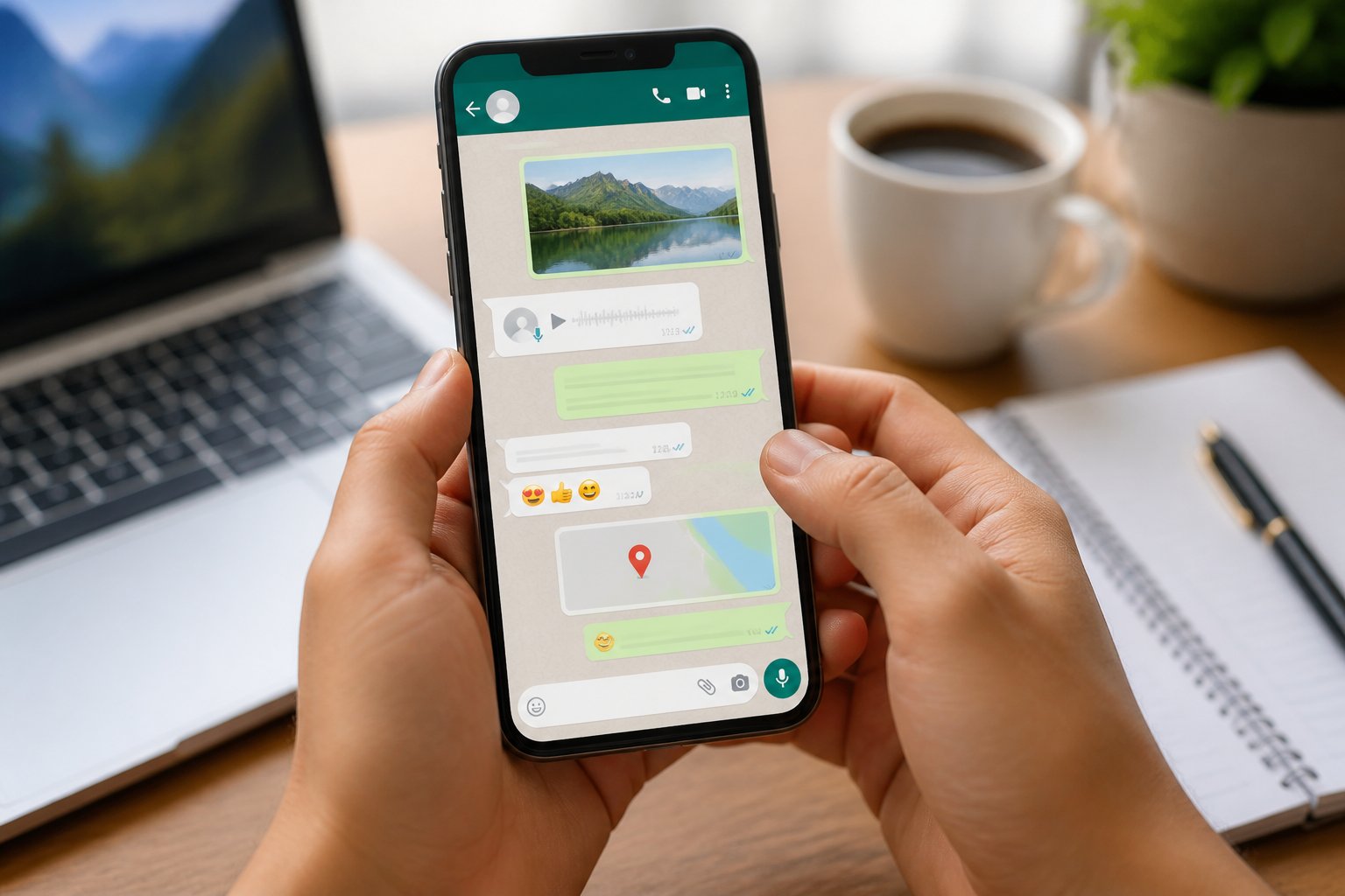 Pessoa segurando um smartphone mostrando uma conversa no WhatsApp em um ambiente de trabalho casual.