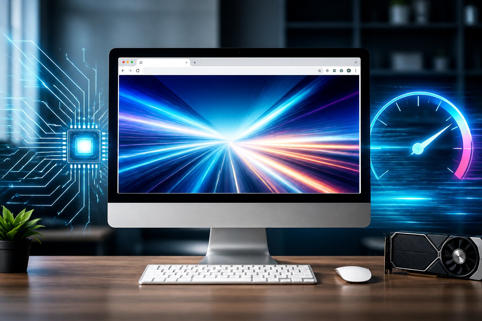 Computador moderno em uma mesa, exibindo o navegador Chrome na tela com elementos visuais que representam aceleração de hardware.