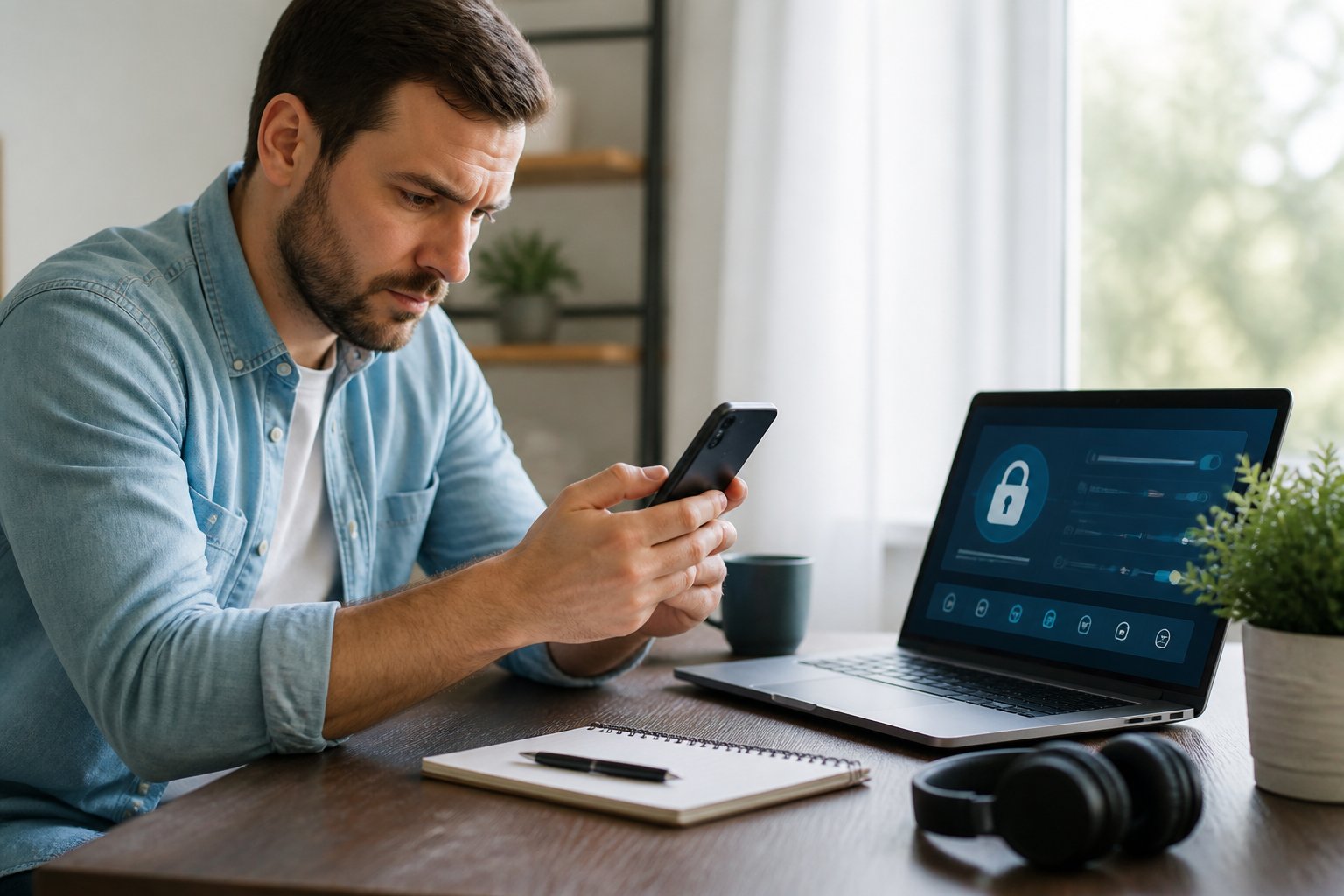Pessoa sentada em uma mesa moderna, segurando um celular e olhando preocupada, com um laptop aberto mostrando configurações de segurança.