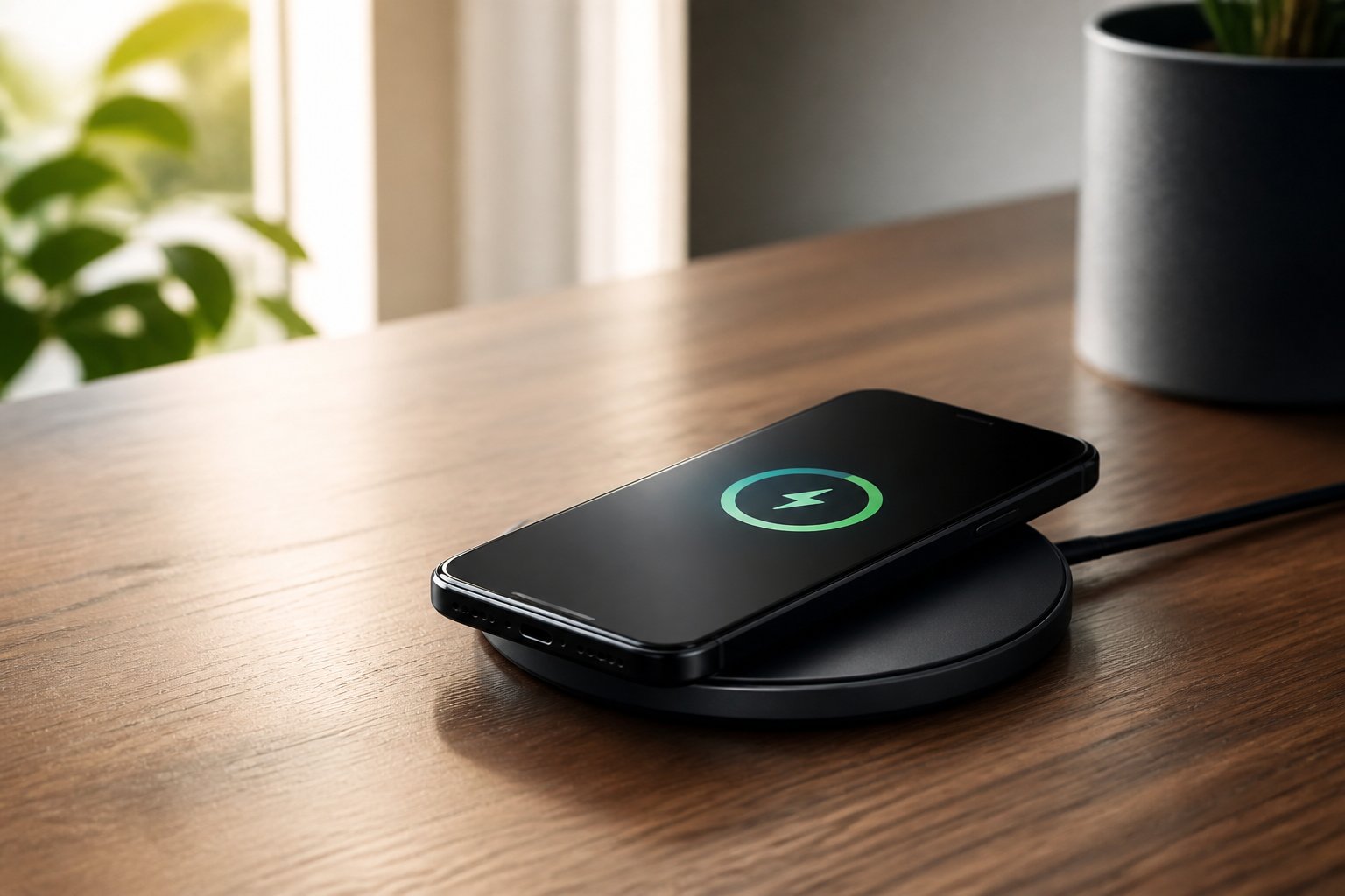 Um smartphone moderno carregando sem fio sobre um carregador em uma mesa de madeira.