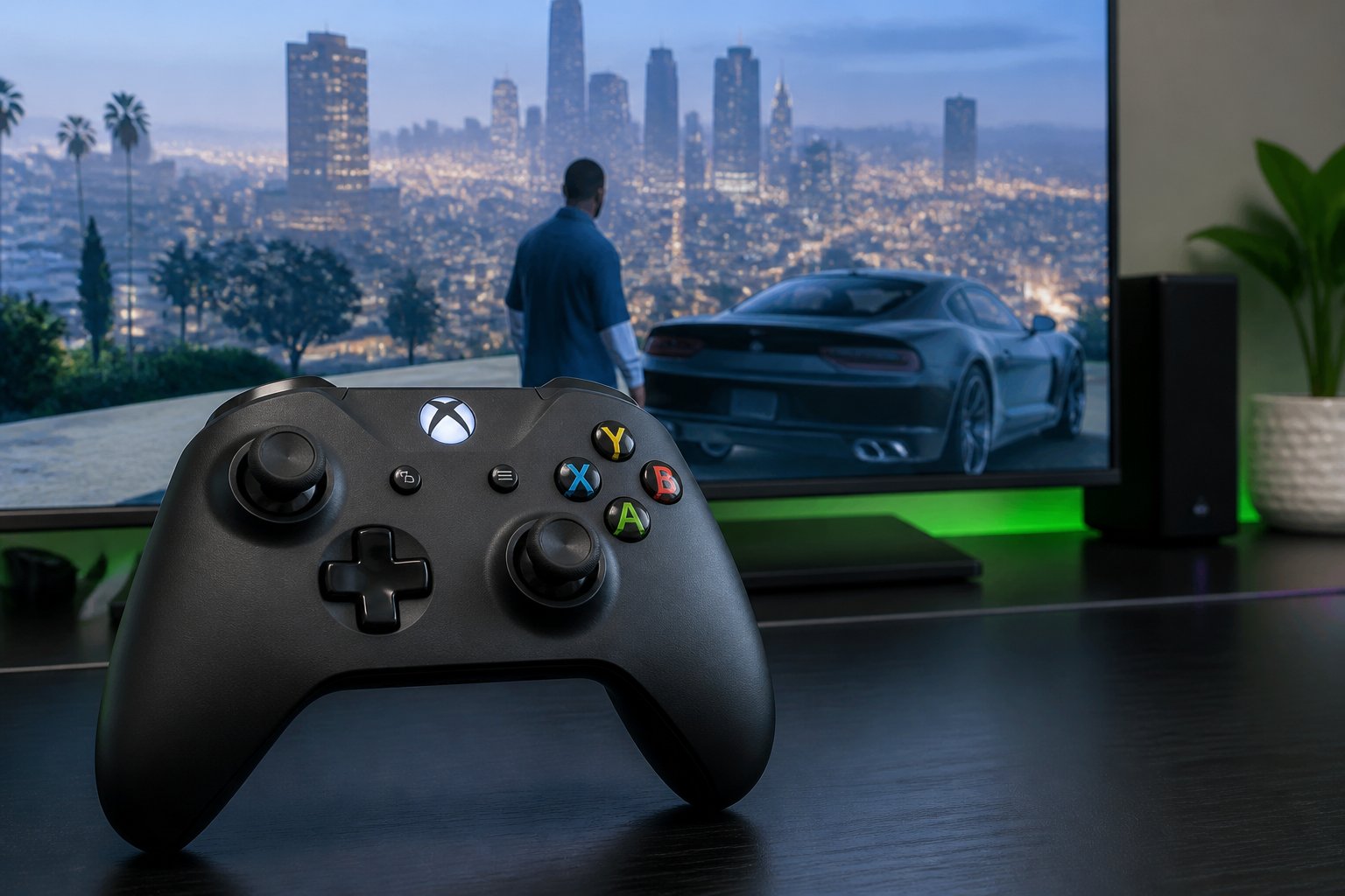 Um controle Xbox One sobre uma mesa de jogos com uma televisão ao fundo mostrando uma cena do jogo Grand Theft Auto V.