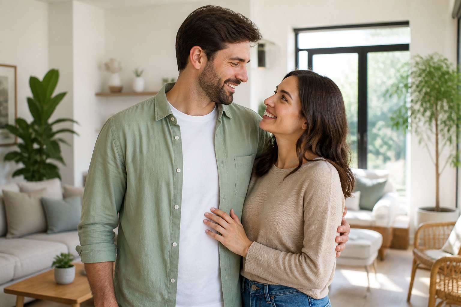 Um casal feliz e sorridente em pé em uma sala de estar moderna e iluminada, com plantas e móveis minimalistas.