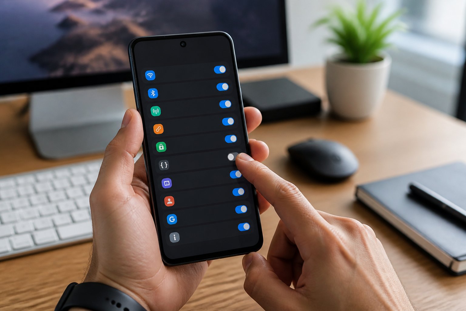 Pessoa desativando o modo desenvolvedor em um smartphone em uma mesa organizada com acessórios de tecnologia.
