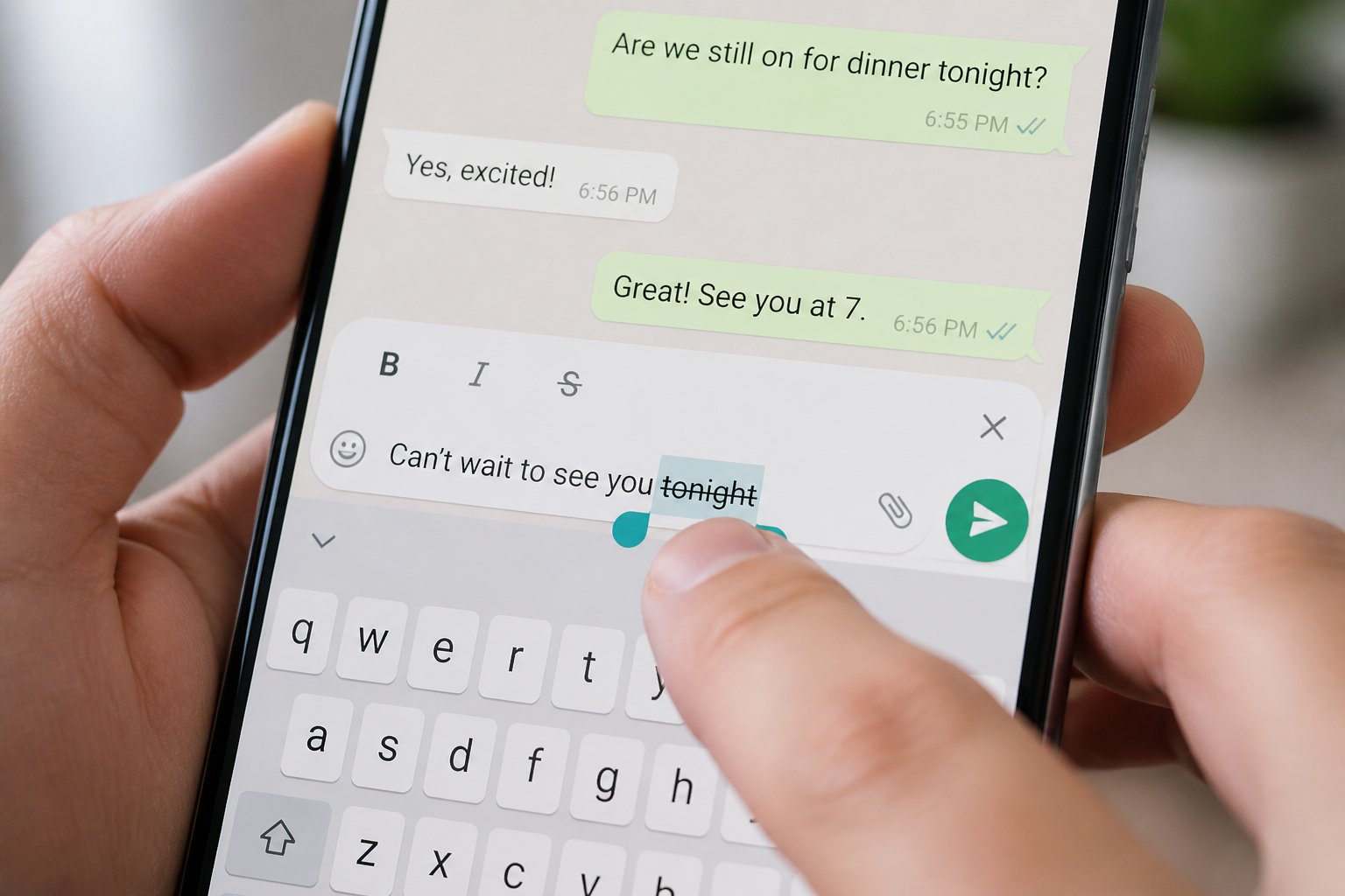 Pessoa segurando um smartphone mostrando uma conversa no WhatsApp, com o dedo tocando uma palavra na tela para riscar.