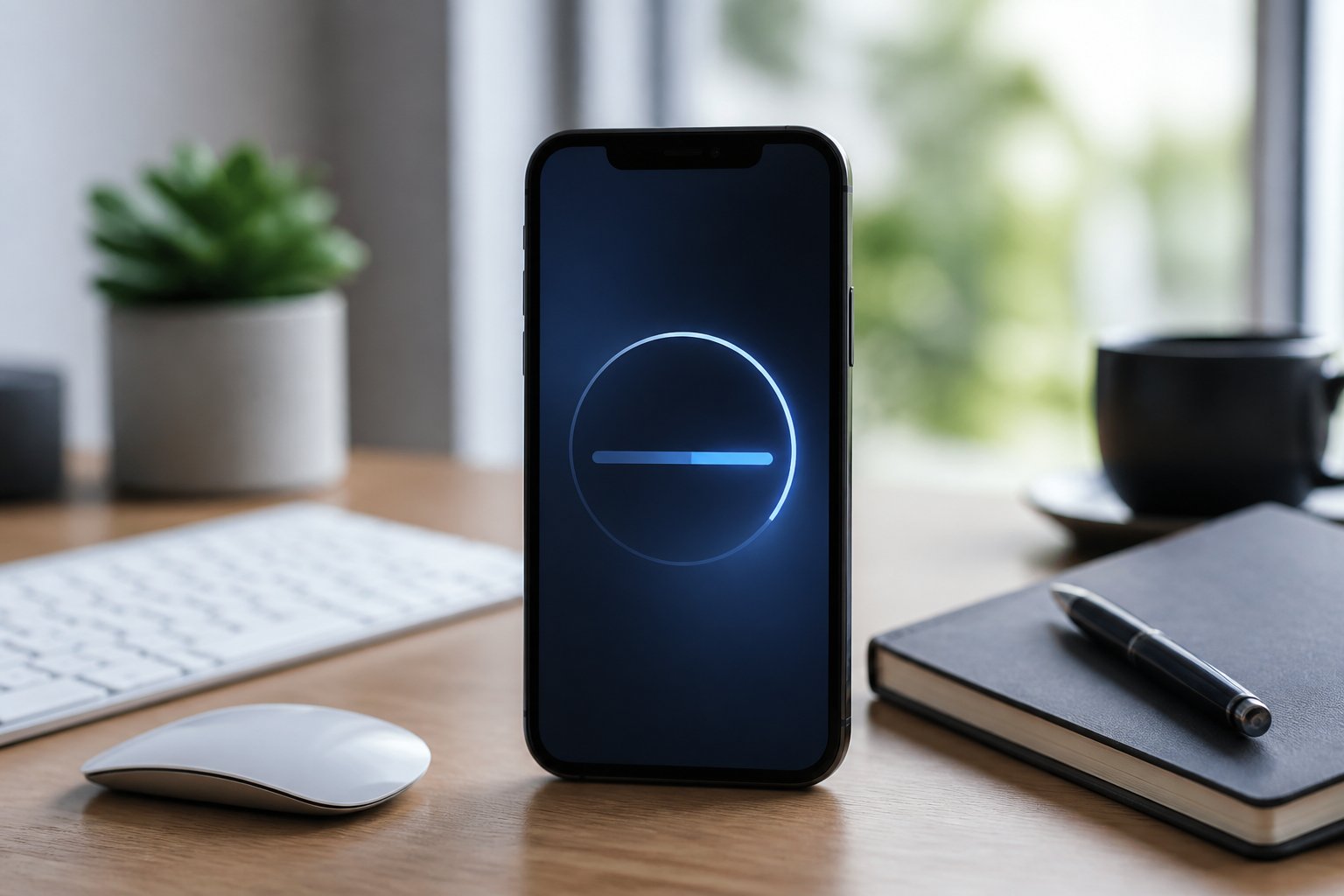 Um iPhone 13 sobre uma mesa de madeira com itens de escritório ao redor, em um ambiente iluminado por luz natural.