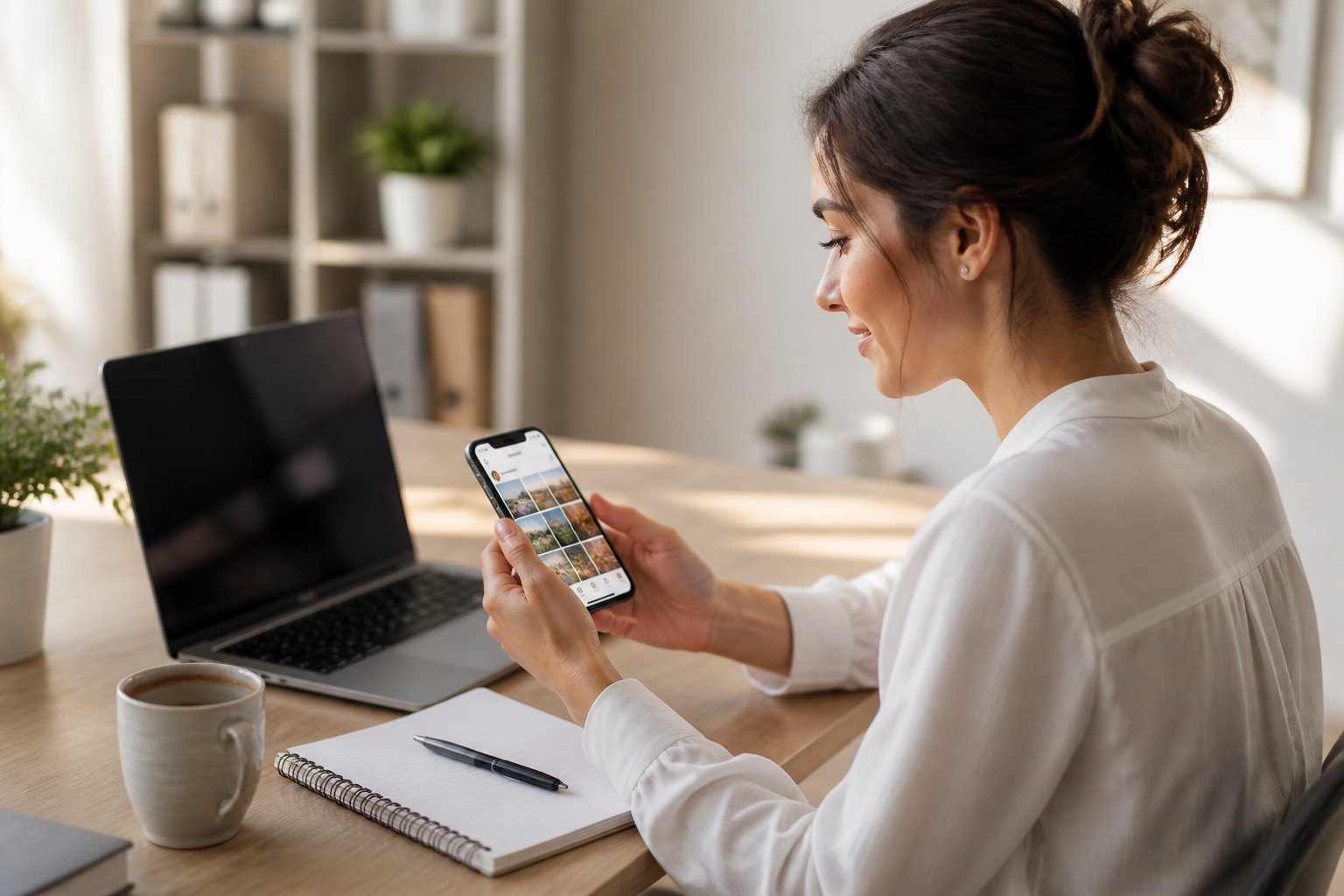 Mulher jovem sentada em uma mesa moderna, olhando para o celular em um ambiente de escritório em casa.