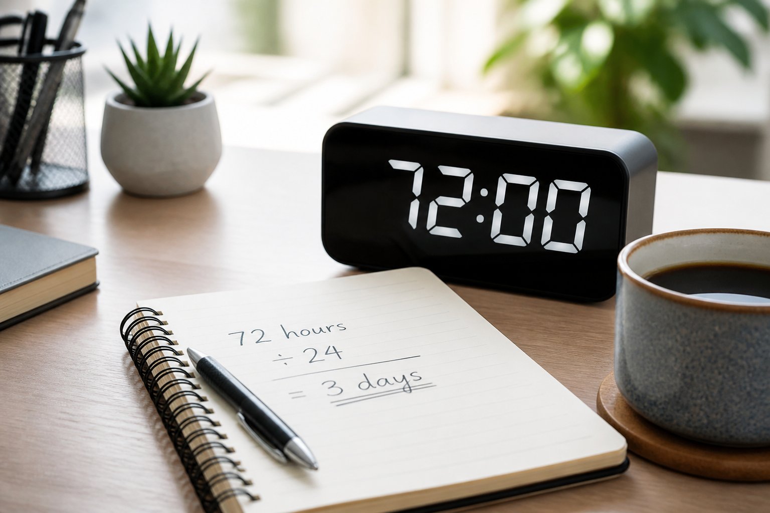 Relógio digital mostrando 72 horas ao lado de um caderno aberto com cálculos convertendo horas em dias, em uma mesa de trabalho com uma caneca de café.