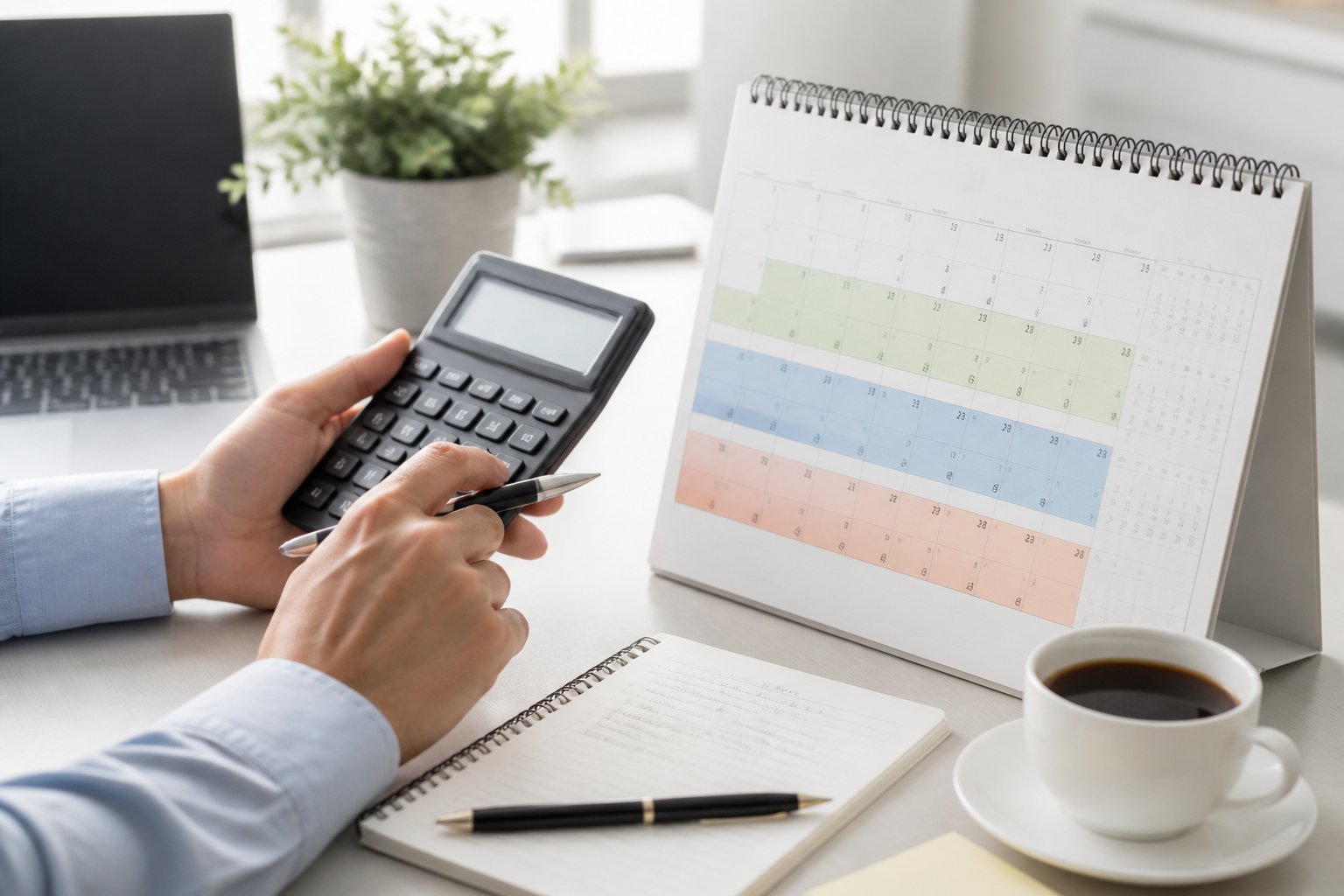 Mãos segurando uma calculadora e uma caneta sobre uma mesa com um calendário aberto mostrando seis meses destacados.