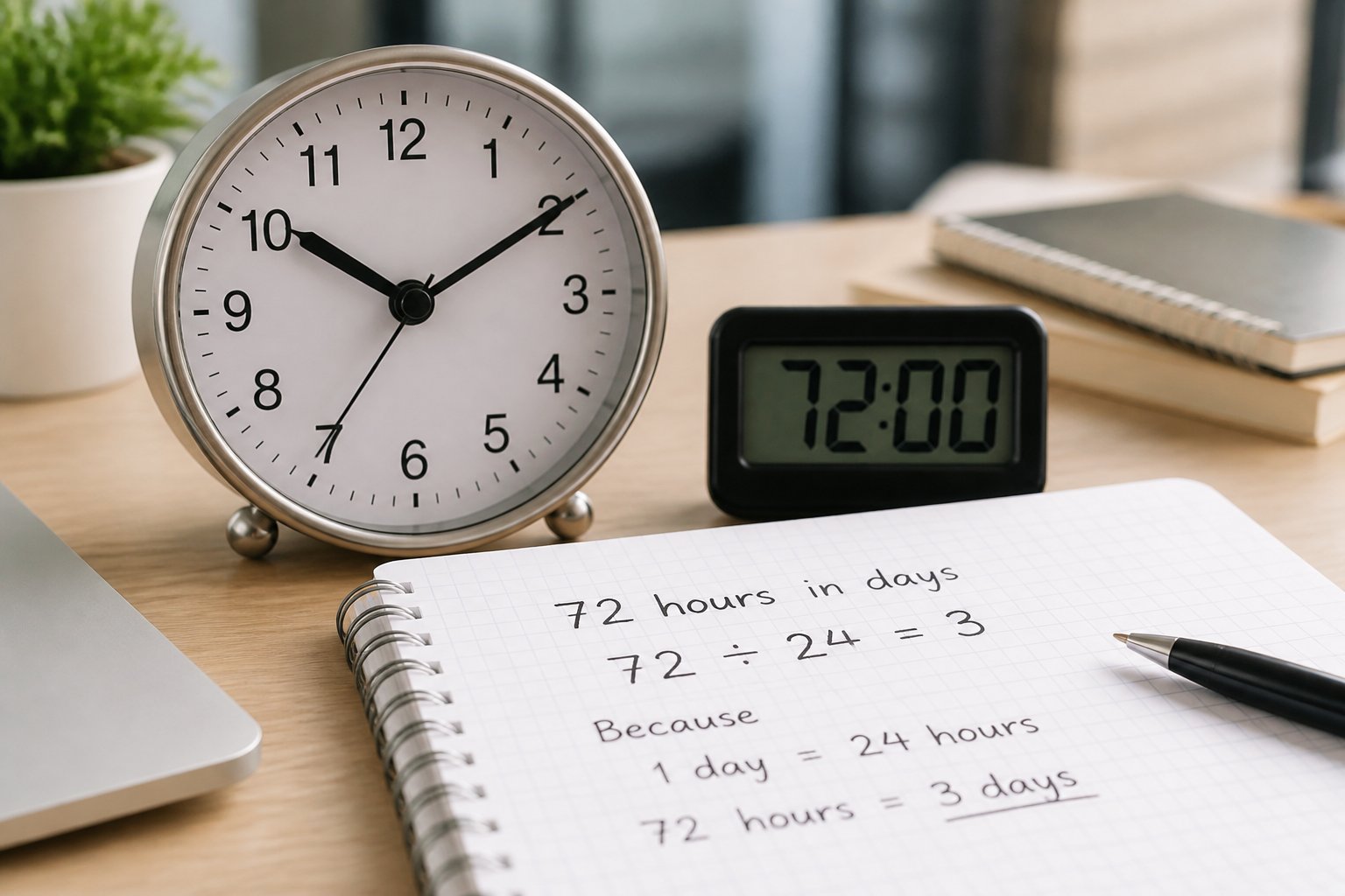 Mesa organizada com um relógio analógico, um timer digital mostrando 72 horas e um caderno aberto com cálculos de conversão de horas em dias.