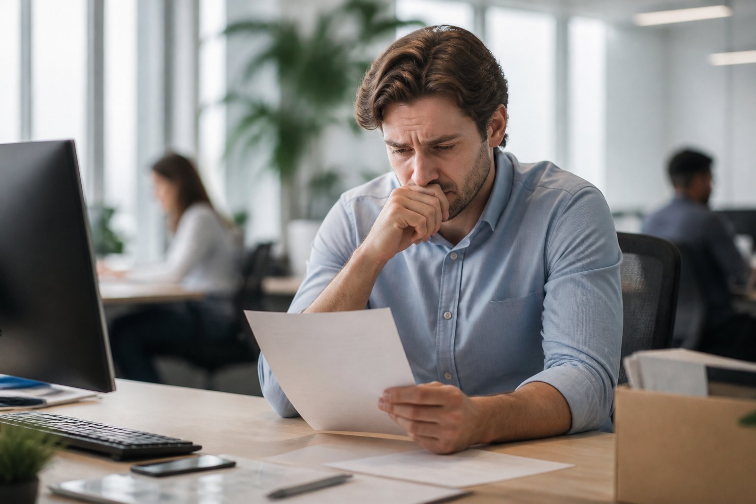 Homem jovem sentado sozinho em uma mesa de escritório com expressão preocupada, segurando uma carta, em um ambiente de trabalho moderno.