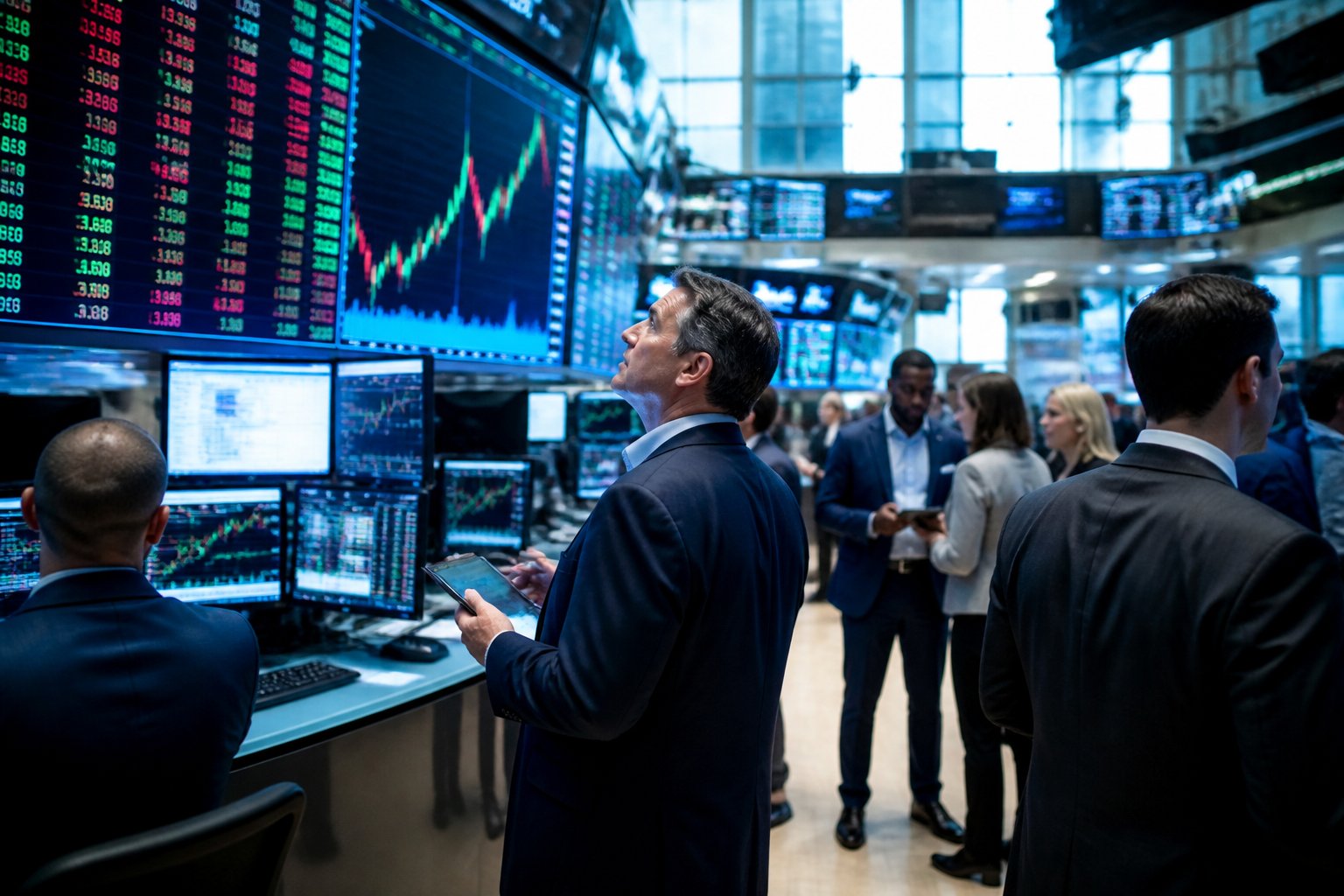 Pessoas trabalhando ativamente em uma bolsa de valores com telas digitais mostrando preços e gráficos financeiros.