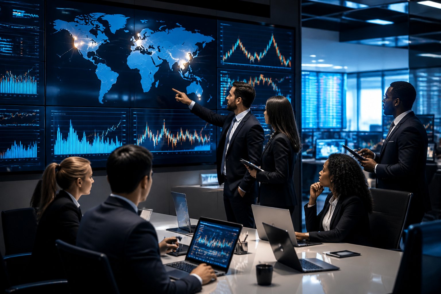 Ambiente de escritório financeiro moderno com profissionais analisando mapas mundiais e gráficos de mercados financeiros em telas digitais.
