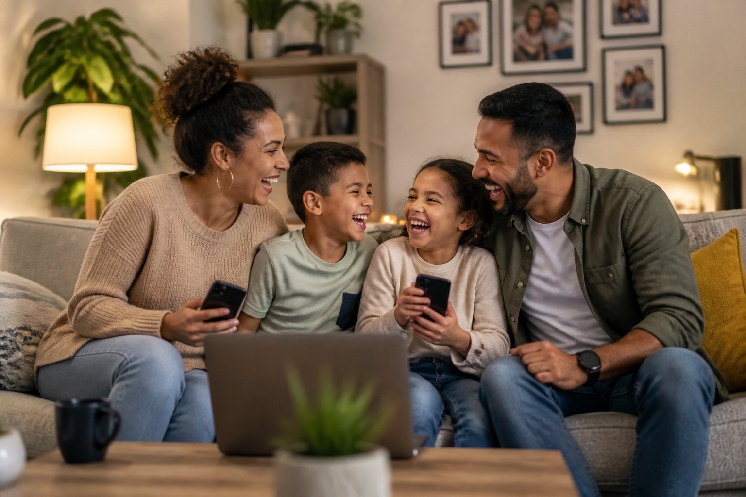 Família sorrindo e se divertindo junta na sala de estar moderna e aconchegante.