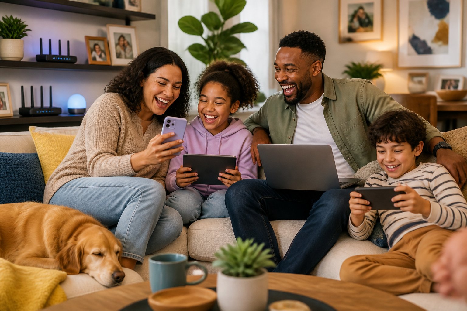 Família reunida na sala de estar, sorrindo e usando dispositivos digitais juntos.