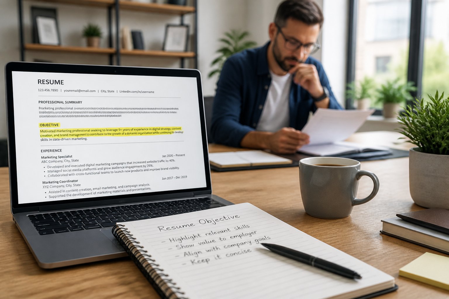 Pessoa revisando documentos em uma mesa de escritório organizada com laptop, caderno e café.