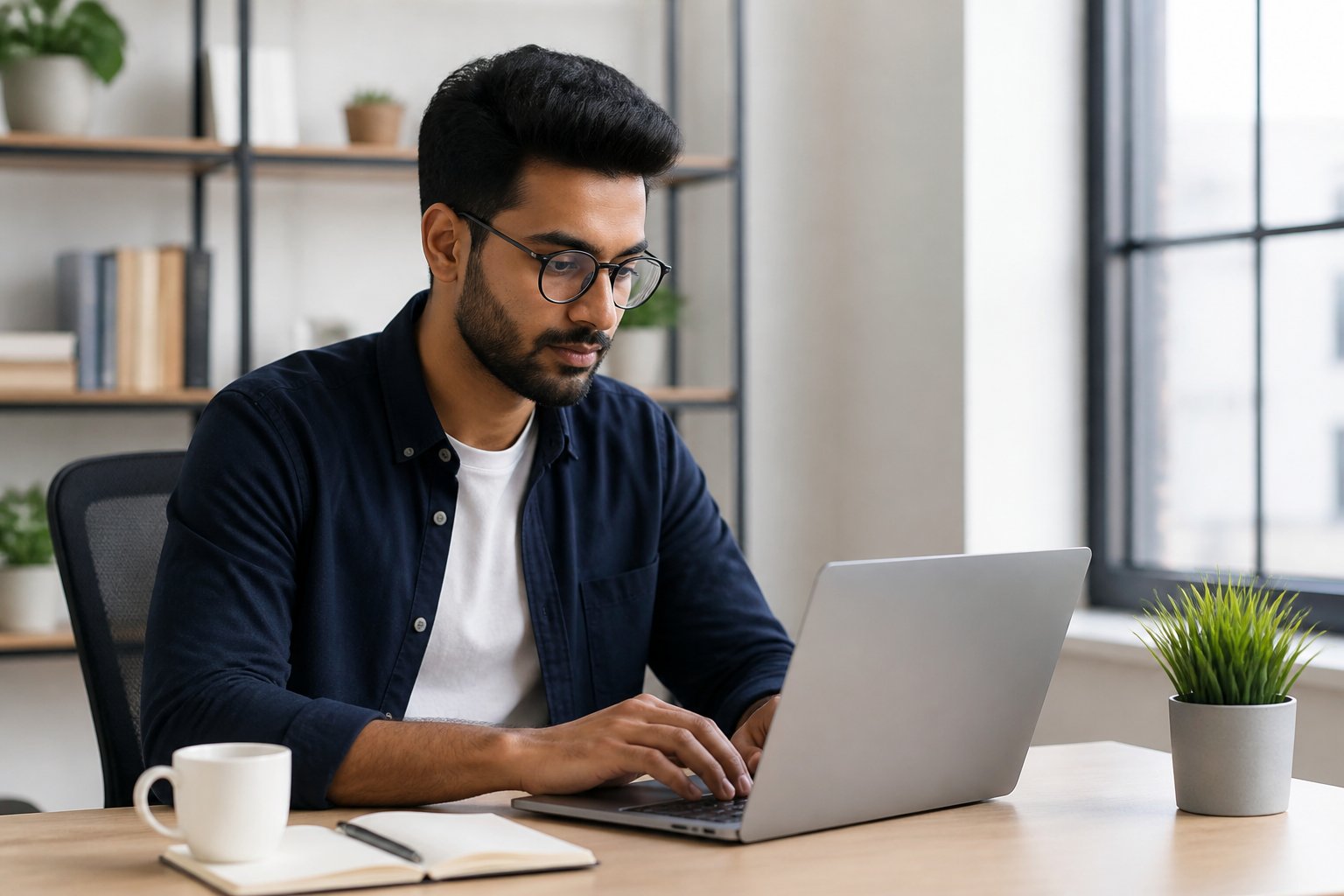 Pessoa jovem escrevendo em um laptop em um escritório moderno e organizado, com itens de trabalho na mesa e luz natural entrando pela janela.