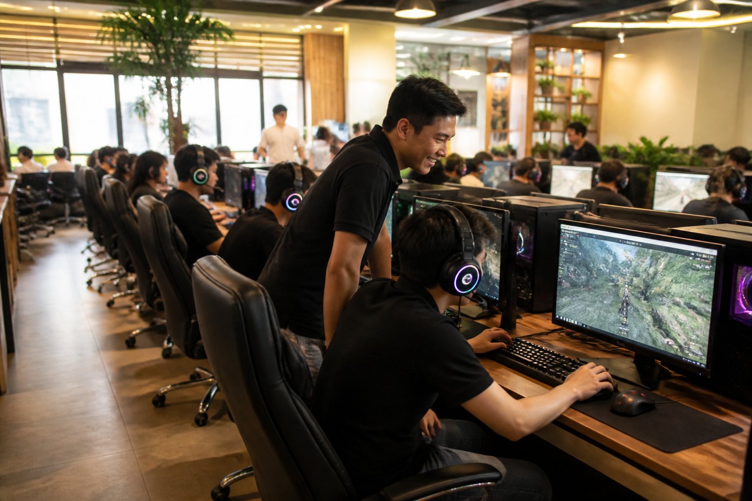 Interior de uma lan house moderna com computadores e pessoas usando-os, ambiente iluminado e organizado.