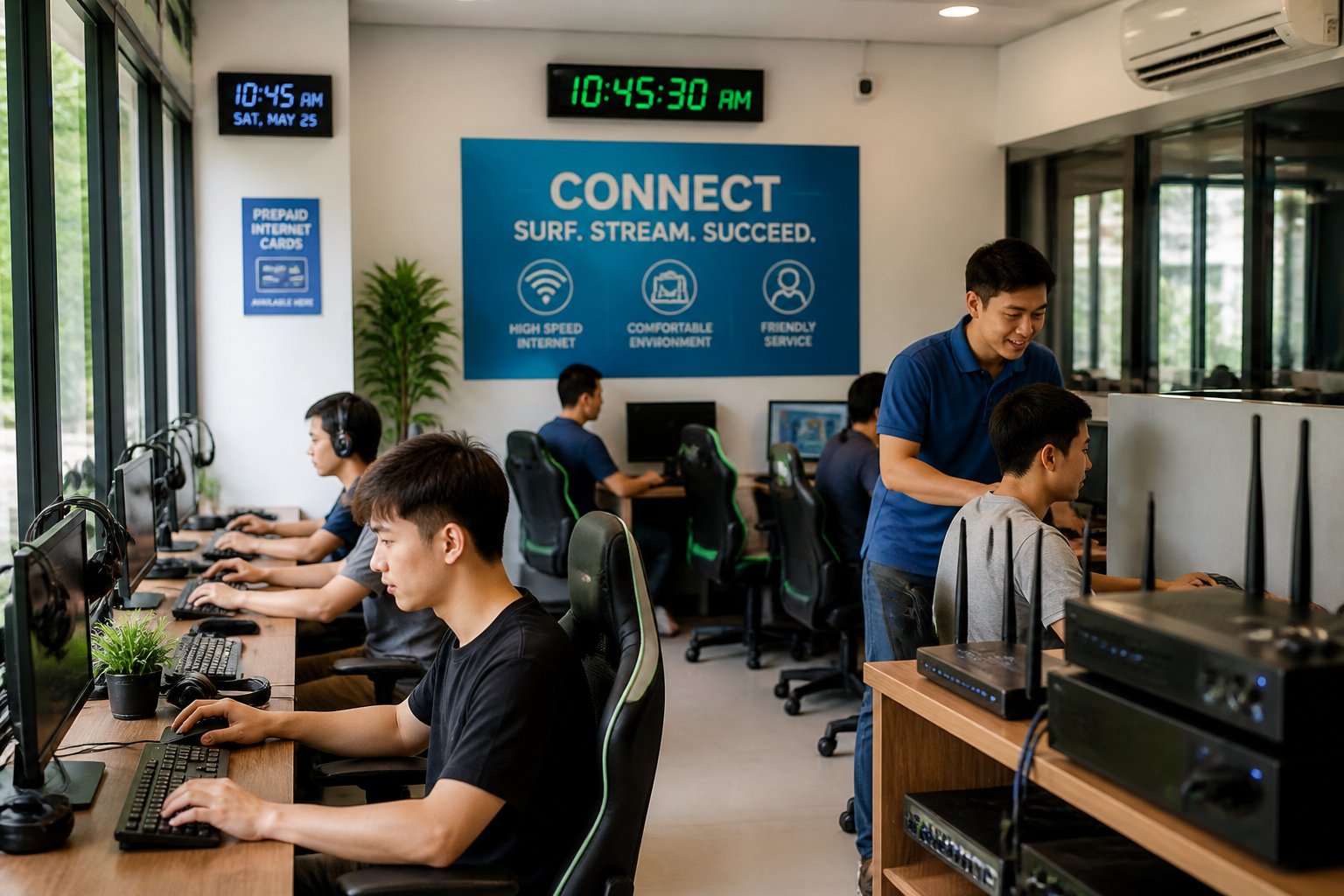 Interior de uma lan house moderna com pessoas usando computadores e atendente ajudando um cliente.