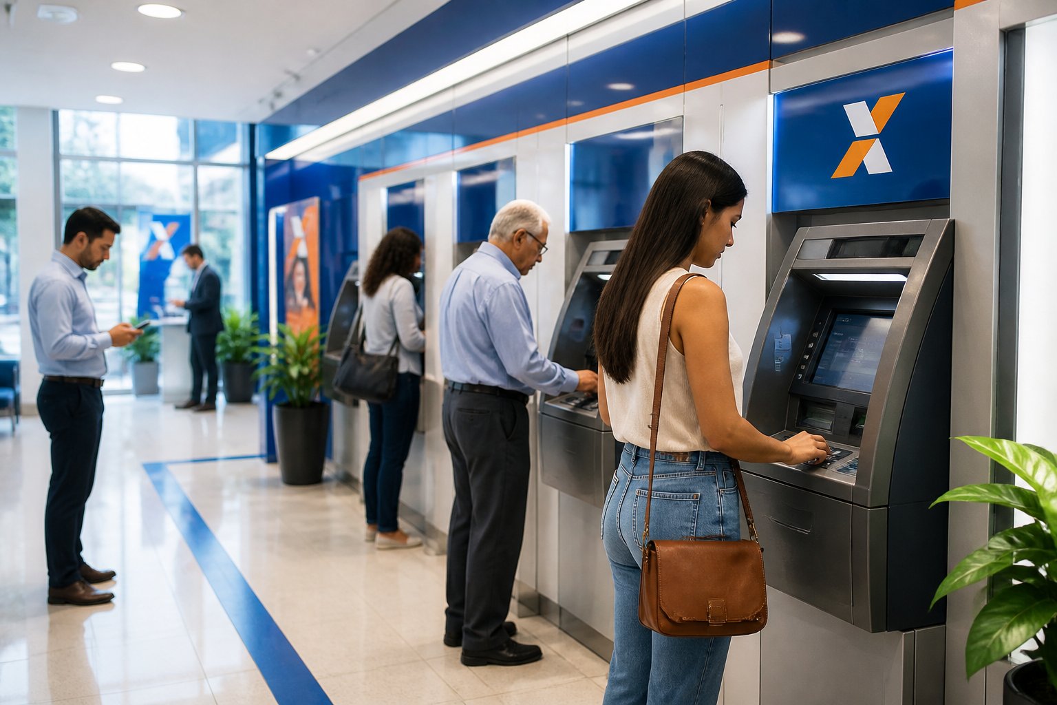 Área interna de caixas eletrônicos da Caixa Econômica Federal com pessoas usando os terminais.