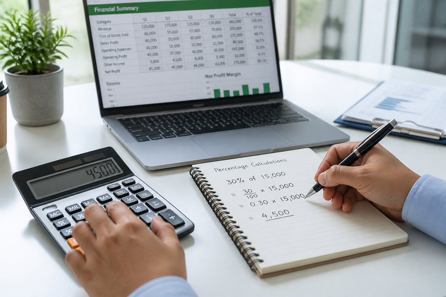 Mesa de trabalho com calculadora, laptop e mãos realizando cálculos financeiros.