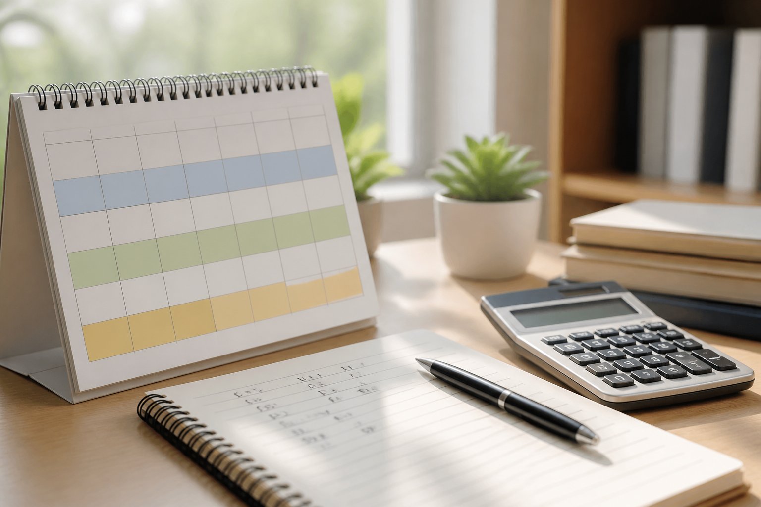 Mesa de trabalho com calendário, calculadora e bloco de notas mostrando cálculo de dias para meses.