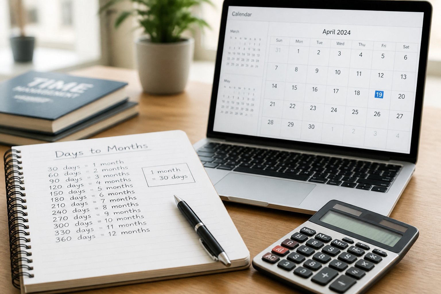 Mesa de trabalho com caderno aberto, calculadora e laptop mostrando calendário digital, ilustrando cálculo de equivalência entre dias e meses.