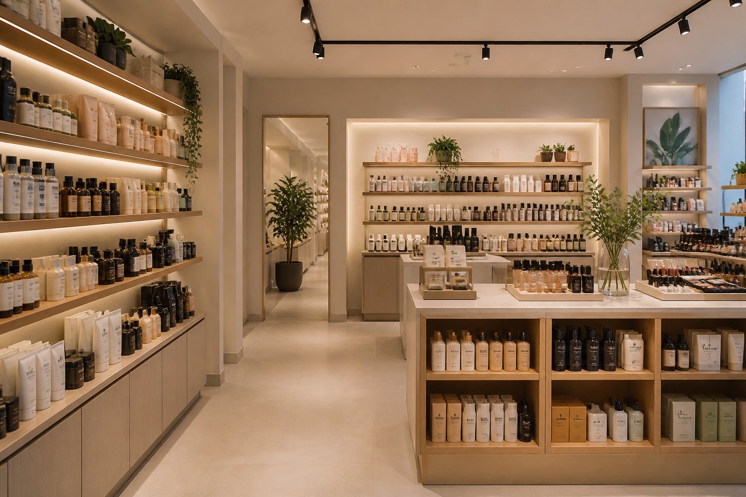 Interior de uma loja de cosméticos moderna com prateleiras organizadas e diversos produtos de beleza expostos.