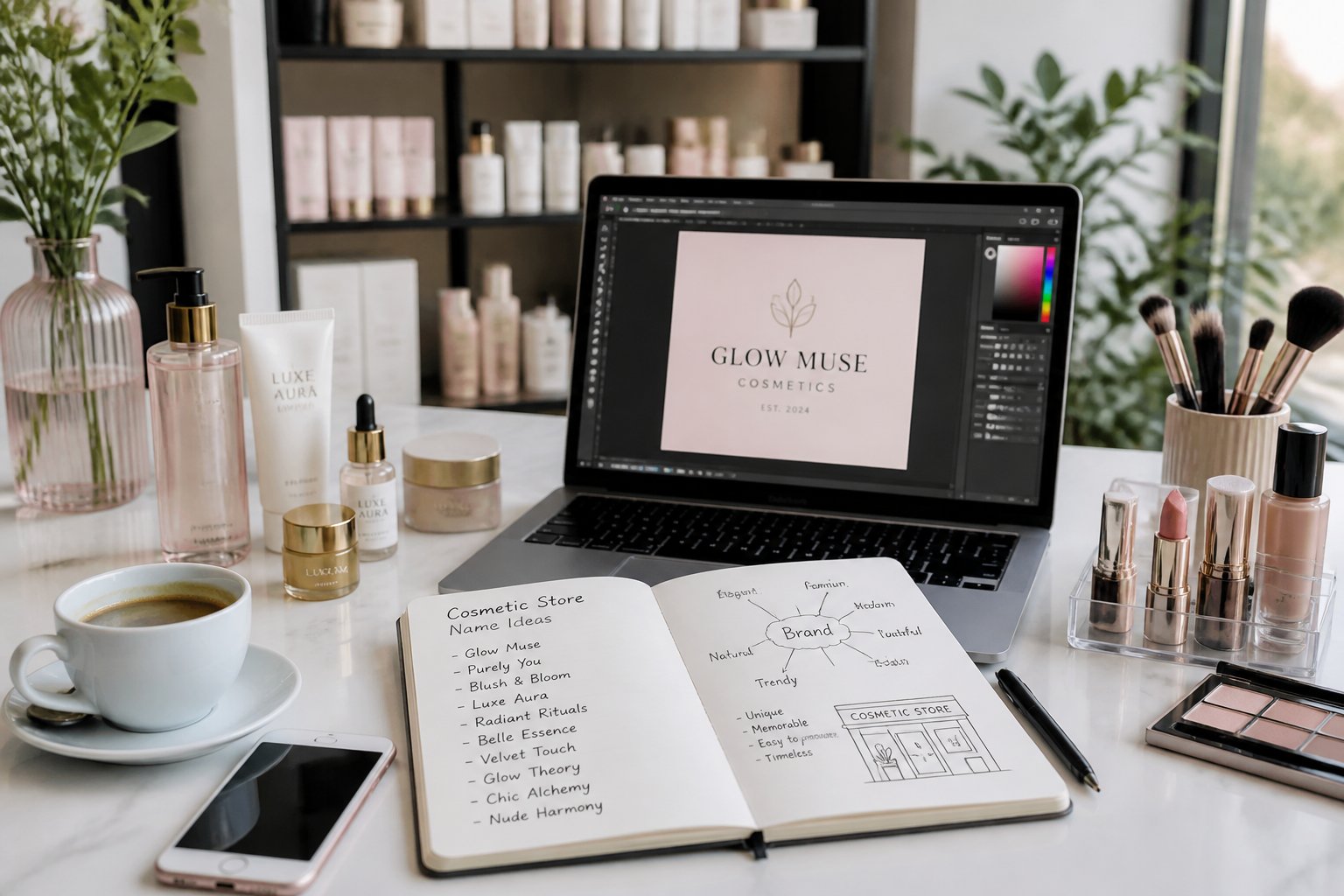 Mesa de trabalho organizada com produtos cosméticos, caderno aberto com anotações, laptop e plantas ao fundo.
