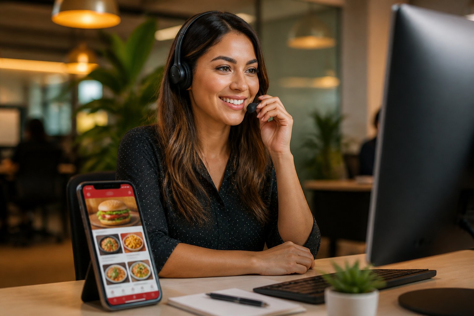 Atendente de serviço ao cliente sorrindo enquanto fala ao telefone em um escritório moderno com um smartphone mostrando um aplicativo de entrega de comida na mesa.