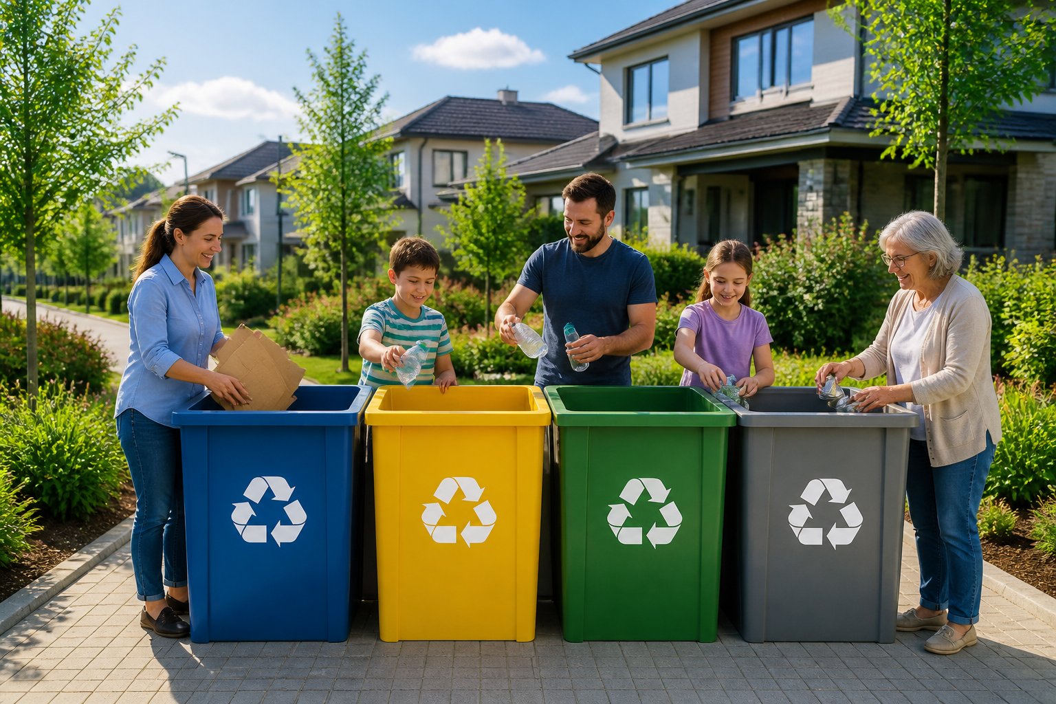 Estação de reciclagem organizada perto de casas, com pessoas separando materiais recicláveis em diferentes lixeiras.