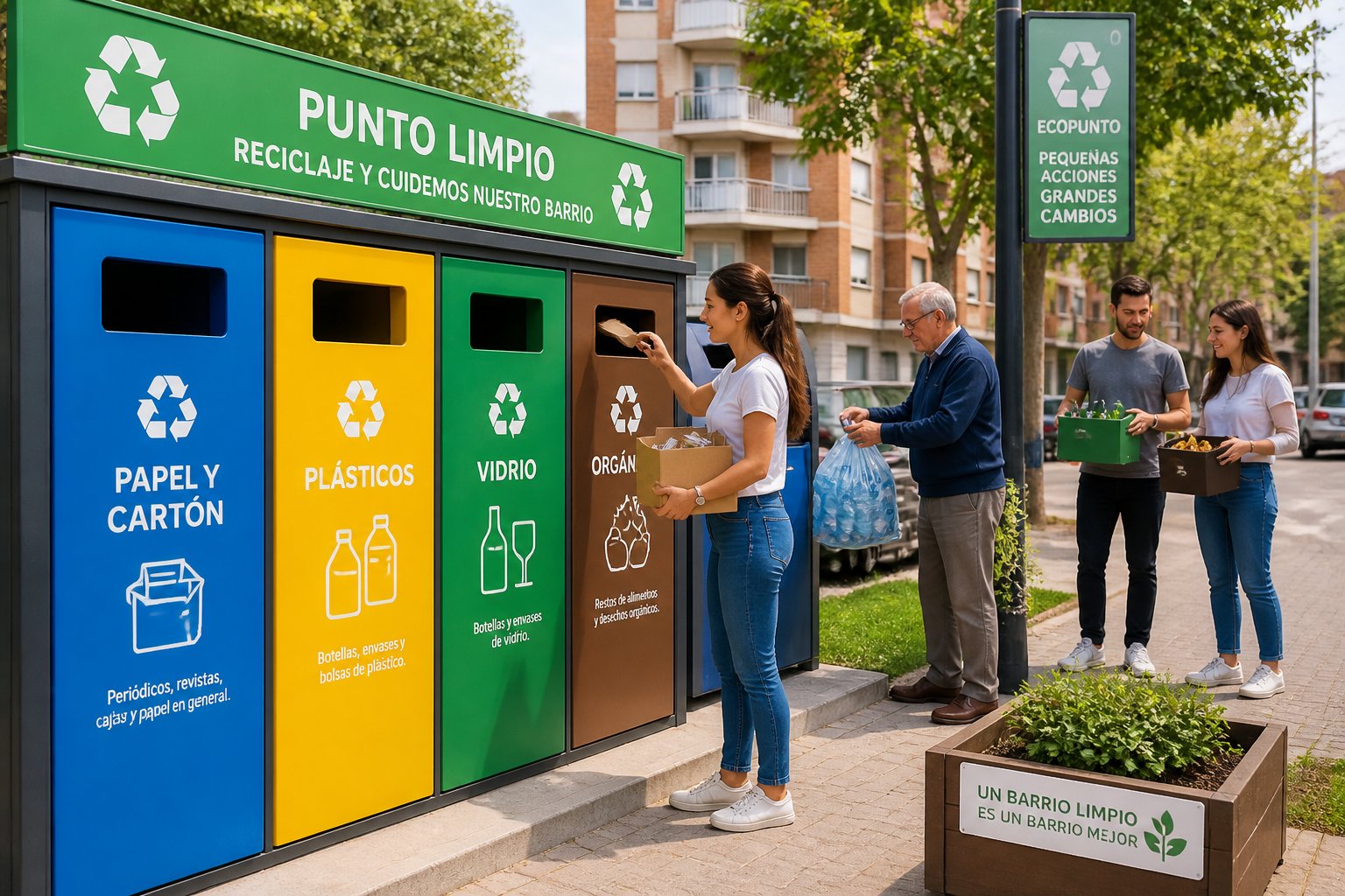 Rua urbana com pessoas separando lixo reciclável em pontos de coleta próximos a residências.