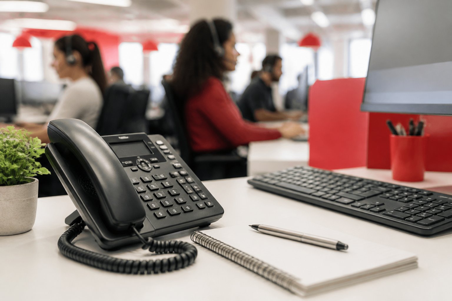 Telefone preto sobre mesa de escritório com teclado e bloco de notas, ao fundo pessoas trabalhando em escritório.