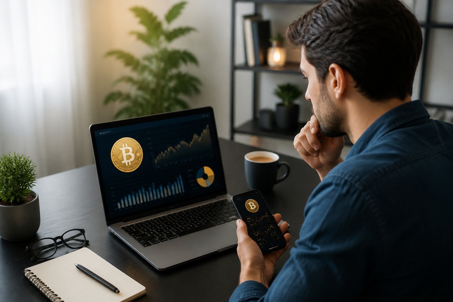 Pessoa sentada em uma mesa moderna olhando para a tela de um laptop que mostra uma carteira digital com símbolos de Bitcoin, segurando um smartphone com um aplicativo de criptomoeda.