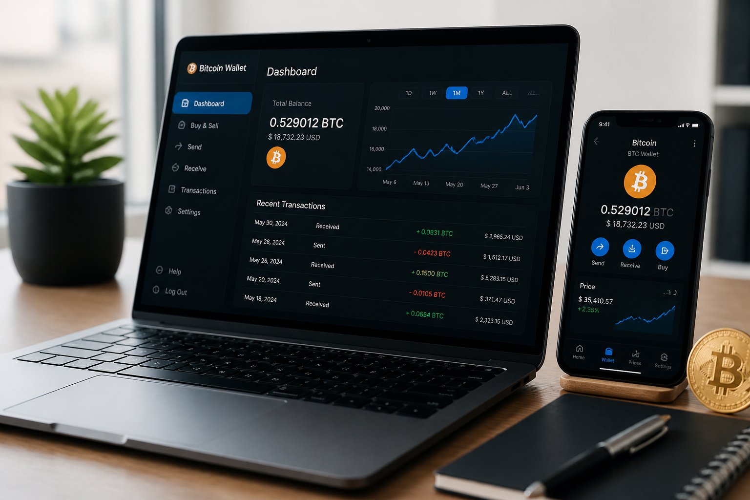Pessoa em uma mesa organizada usando um laptop e um smartphone para verificar informações sobre Bitcoin.