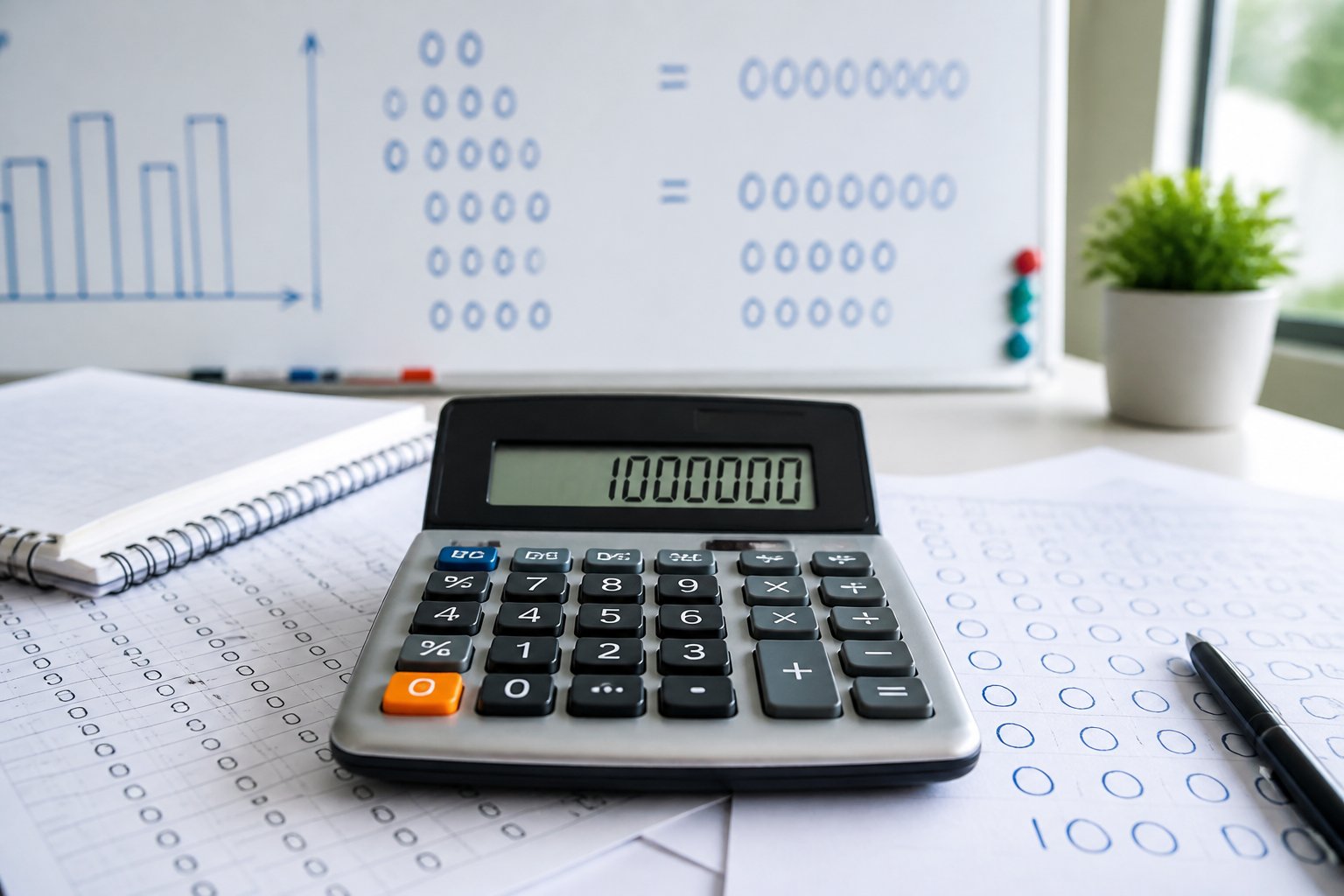 Calculadora mostrando o número um milhão com papéis ao redor contendo anotações de zeros e símbolos matemáticos em um ambiente de trabalho.