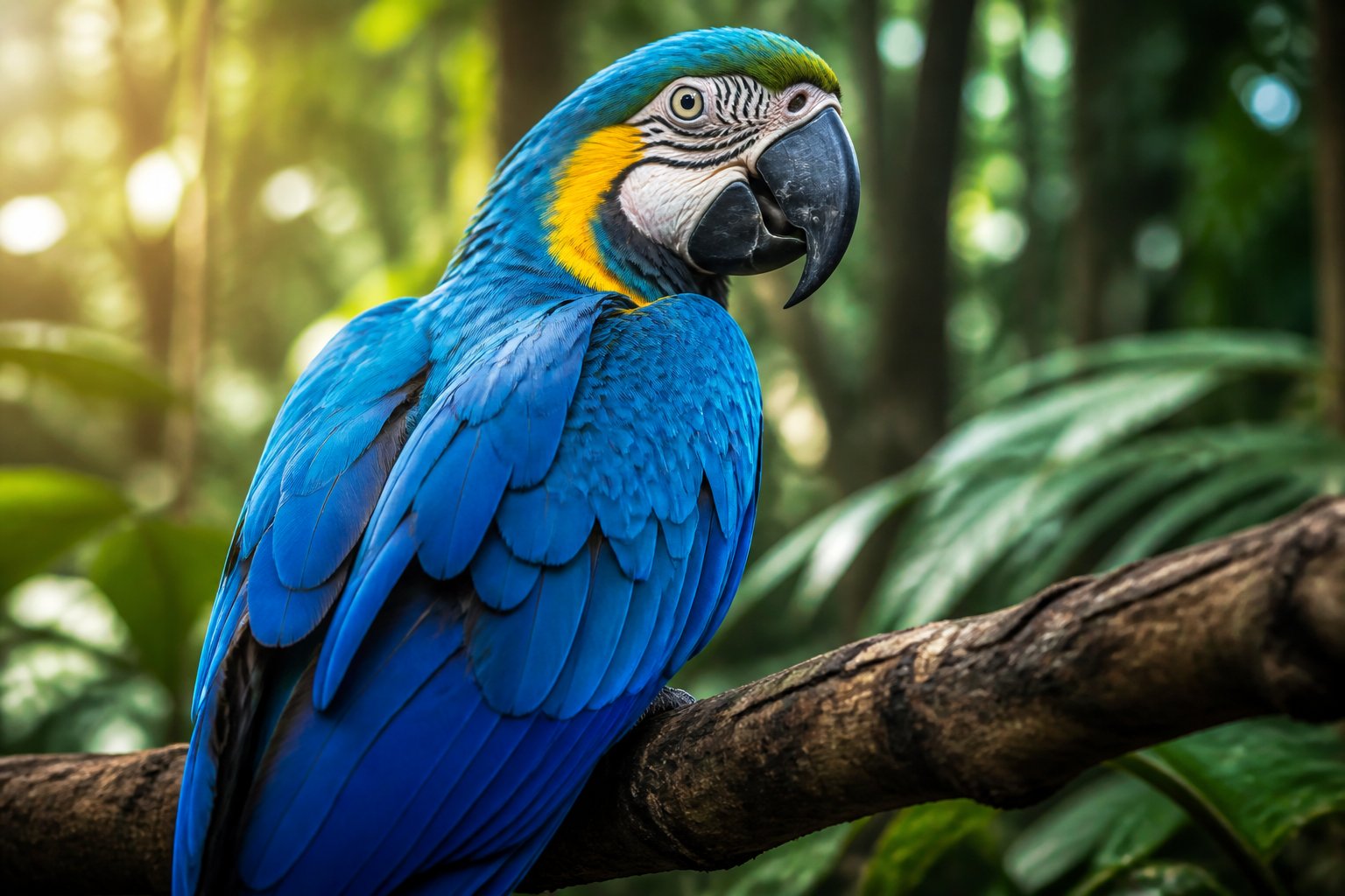 Uma arara azul vibrante empoleirada em um galho tropical com uma floresta verde ao fundo.
