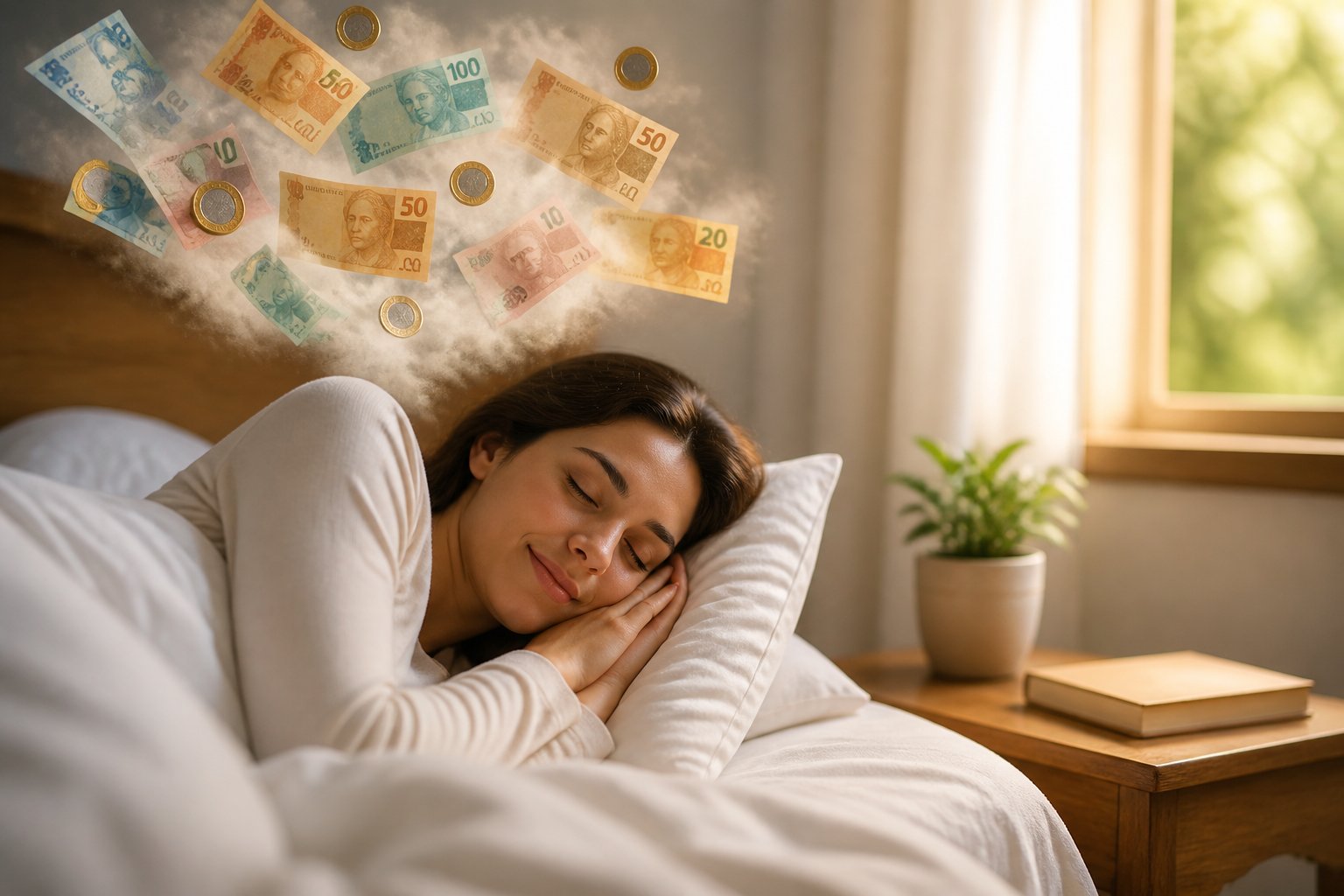 Pessoa dormindo tranquilamente em um quarto aconchegante, com imagens suaves de dinheiro flutuando acima da cabeça.