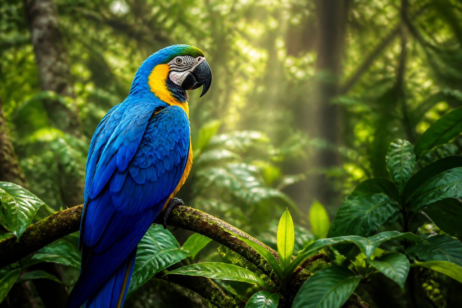 Uma arara azul vibrante pousada em um galho verde em uma floresta tropical iluminada pela luz do sol.