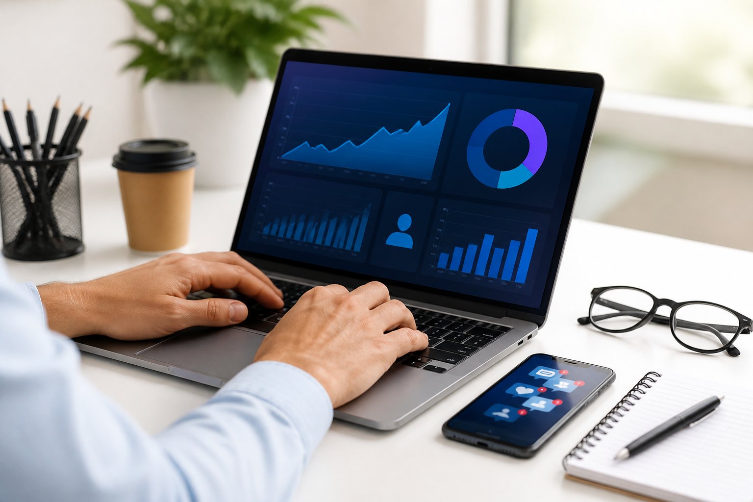 Pessoa trabalhando em um laptop com gráficos de crescimento de seguidores nas redes sociais, em uma mesa organizada com smartphone e itens de escritório.