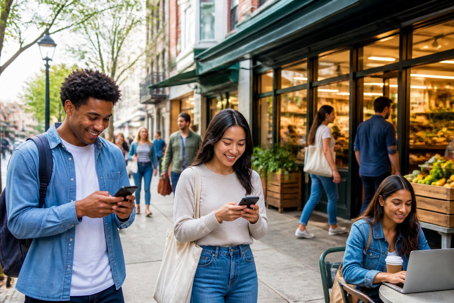 Pessoas usando smartphones e laptops em uma rua movimentada com lojas e mercados abertos ao fundo.