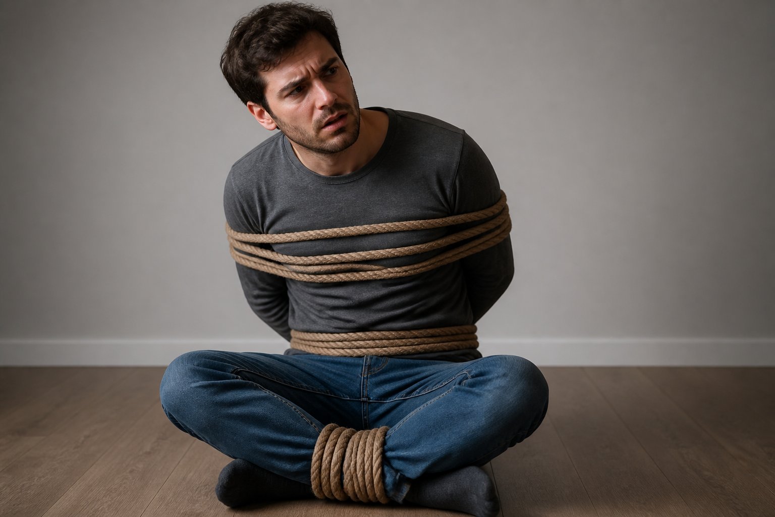 Pessoa amarrada com expressão confusa sentada no chão em um ambiente simples.