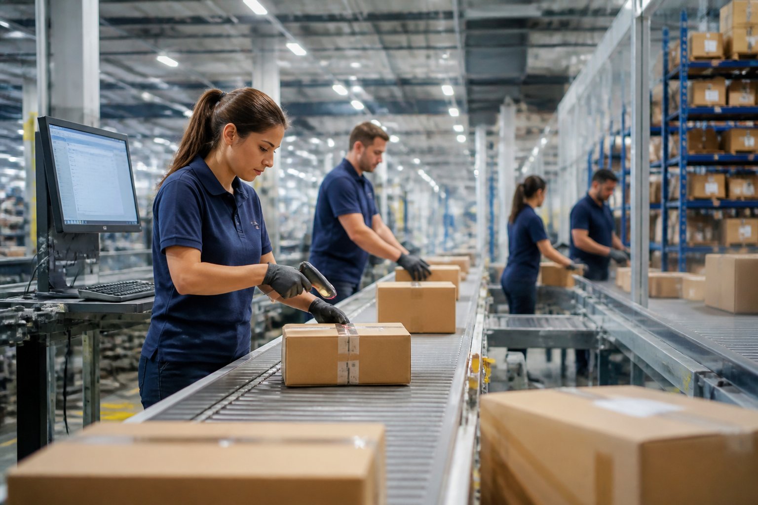 Centro de logística moderno com trabalhadores manuseando pacotes em esteiras e prateleiras com caixas ao fundo.