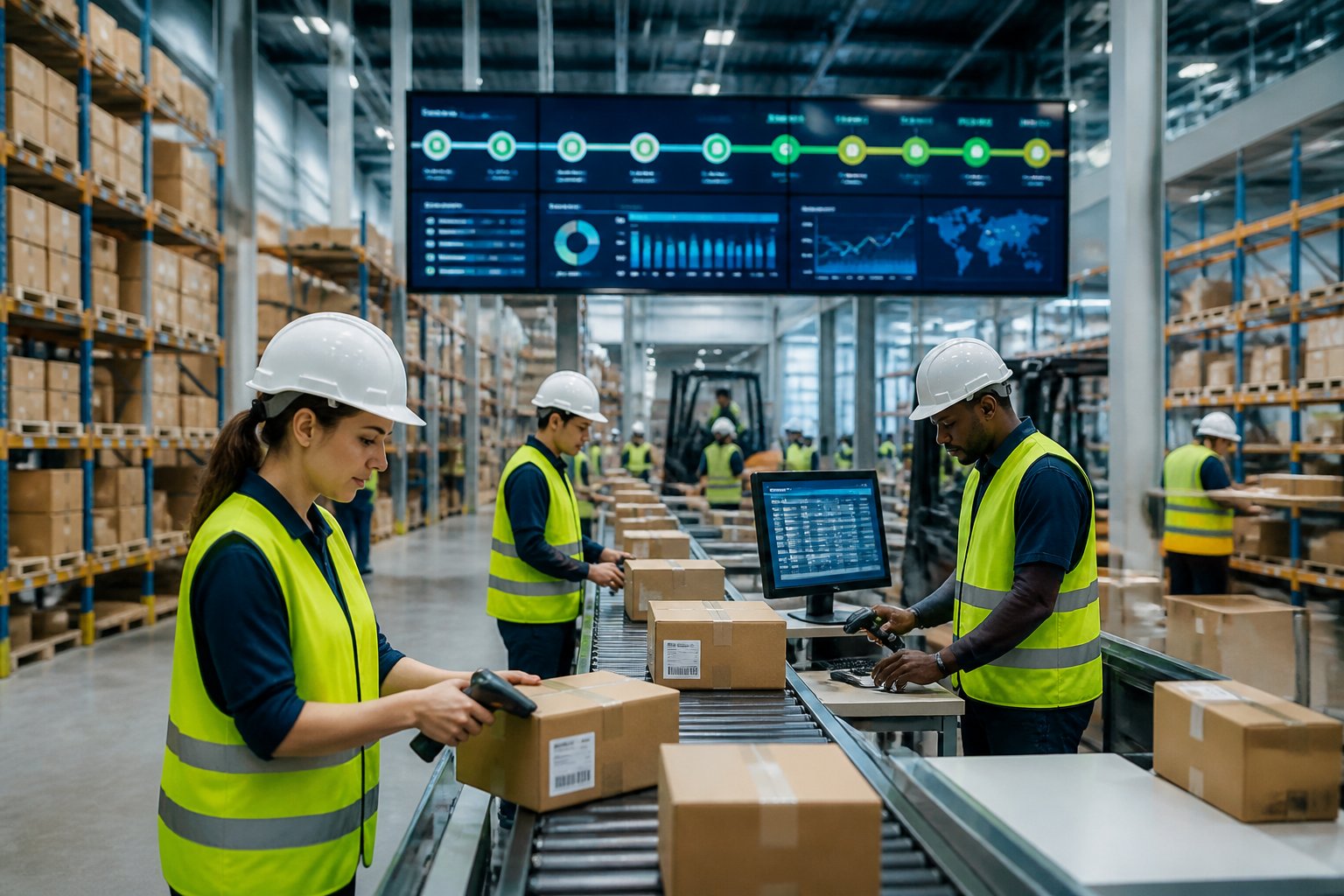 Centro de processamento logístico com trabalhadores manuseando pacotes em um armazém organizado e movimentado.