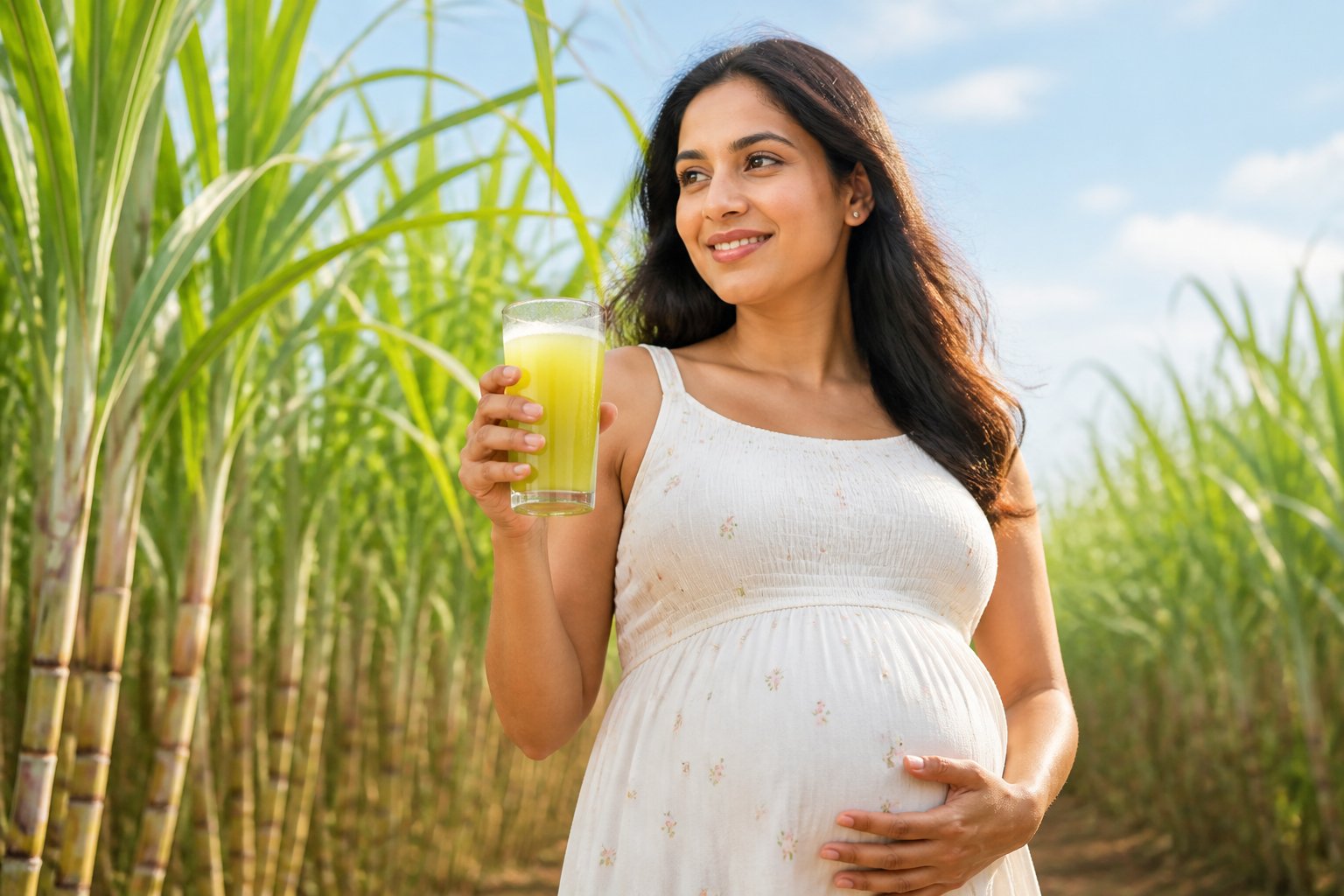Mulher grávida sorrindo, segurando um copo de caldo de cana em um ambiente ao ar livre com plantas de cana-de-açúcar ao fundo.