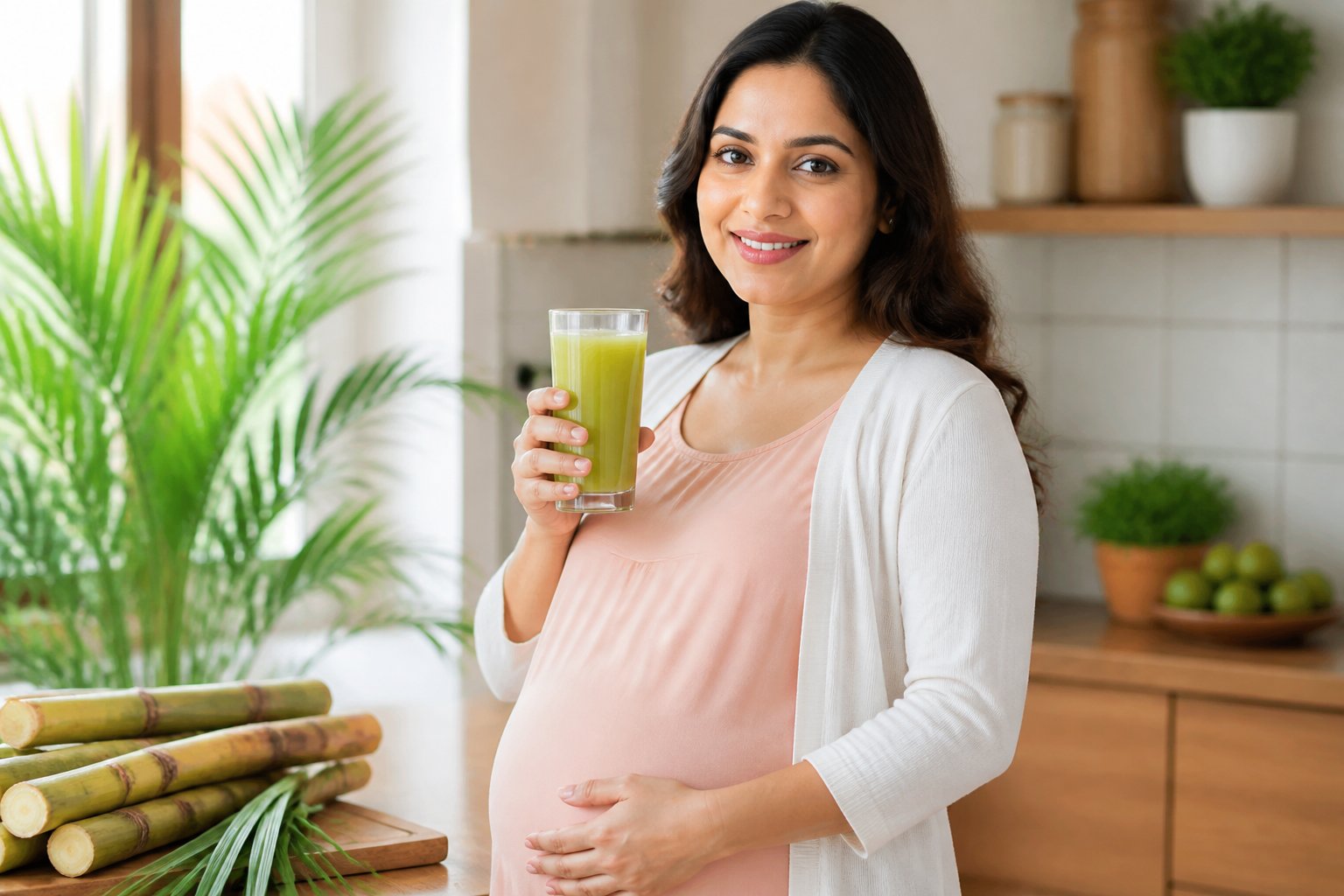 Mulher grávida sorrindo, segurando um copo de caldo de cana em uma cozinha clara com plantas e cana-de-açúcar ao fundo.