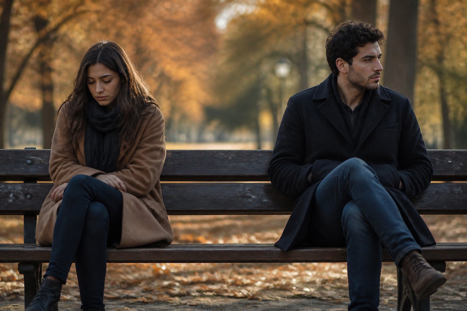 Um casal jovem sentado separado em um banco de parque no outono, ambos com expressões pensativas e melancólicas, cercados por folhas caídas.